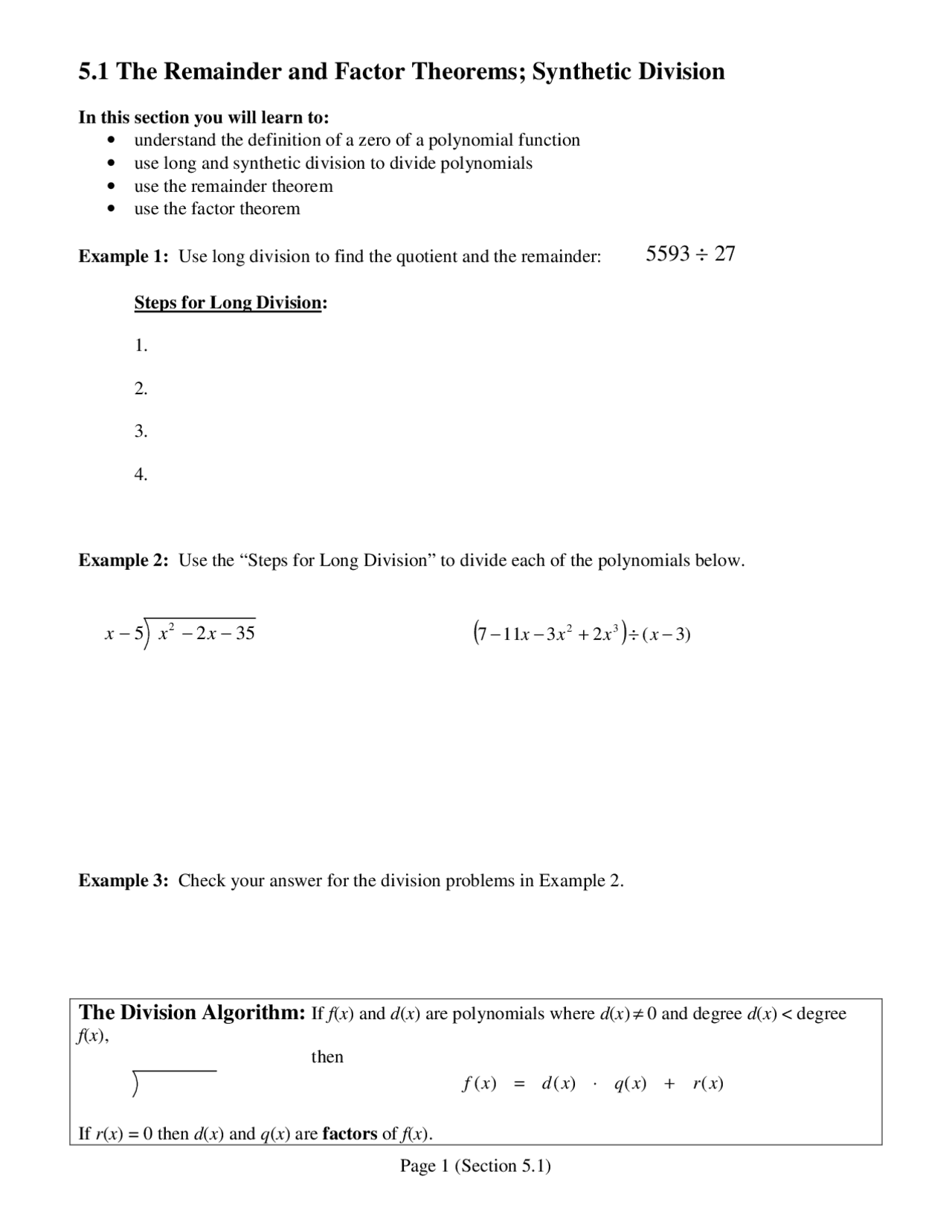 Synthesis Factors Methods Math 5.1 The Remainder and Factor Theorems; Synthetic Division | Schemes and ...