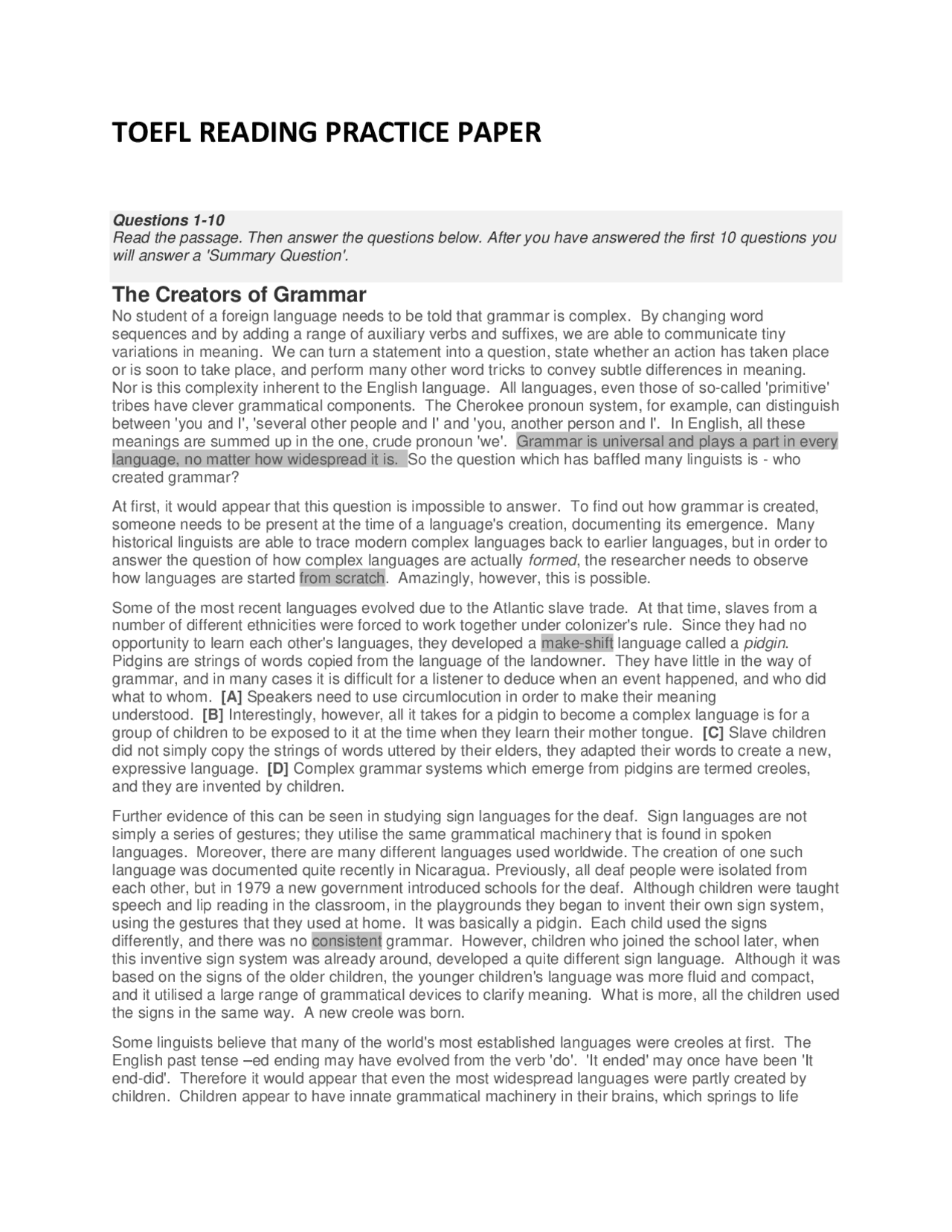 TOEFL READING PRACTICE PAPER | Lecture notes Construction | Docsity