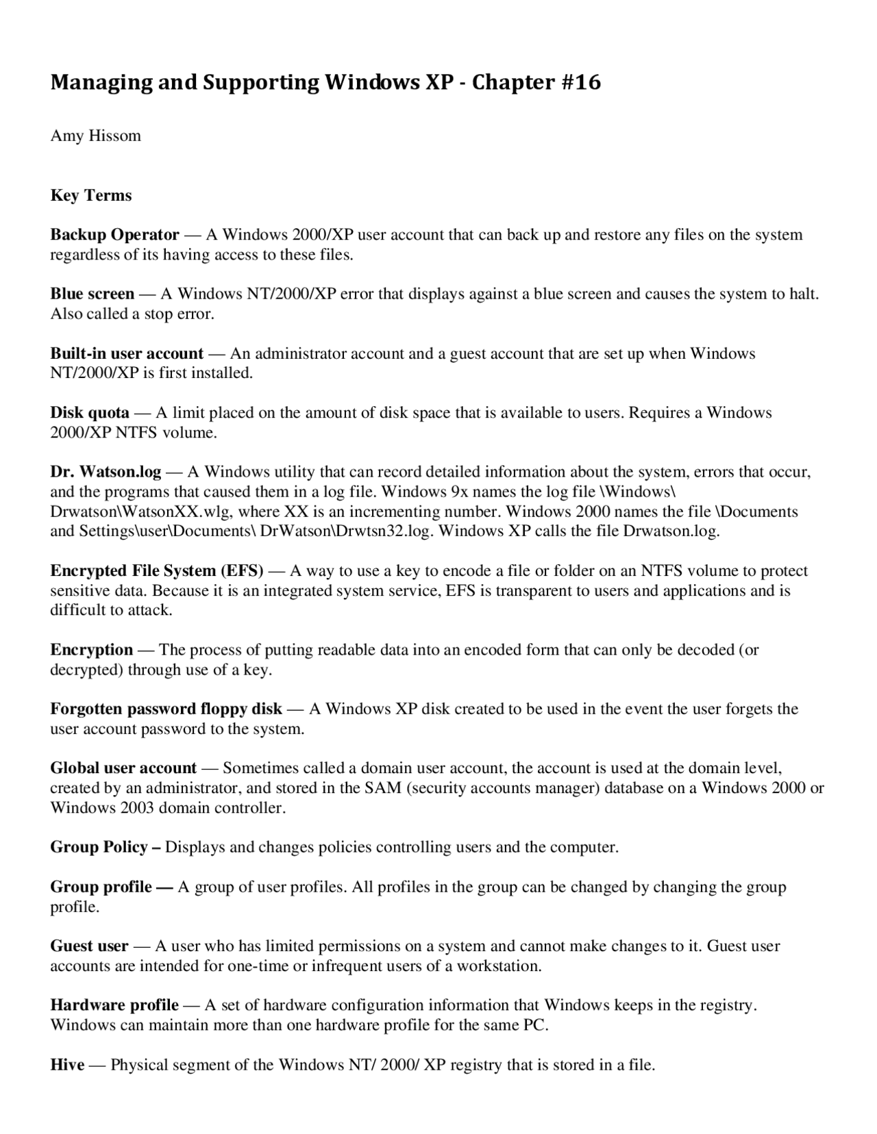 Managing and Supporting Windows XP | Lecture notes Operating Systems ...