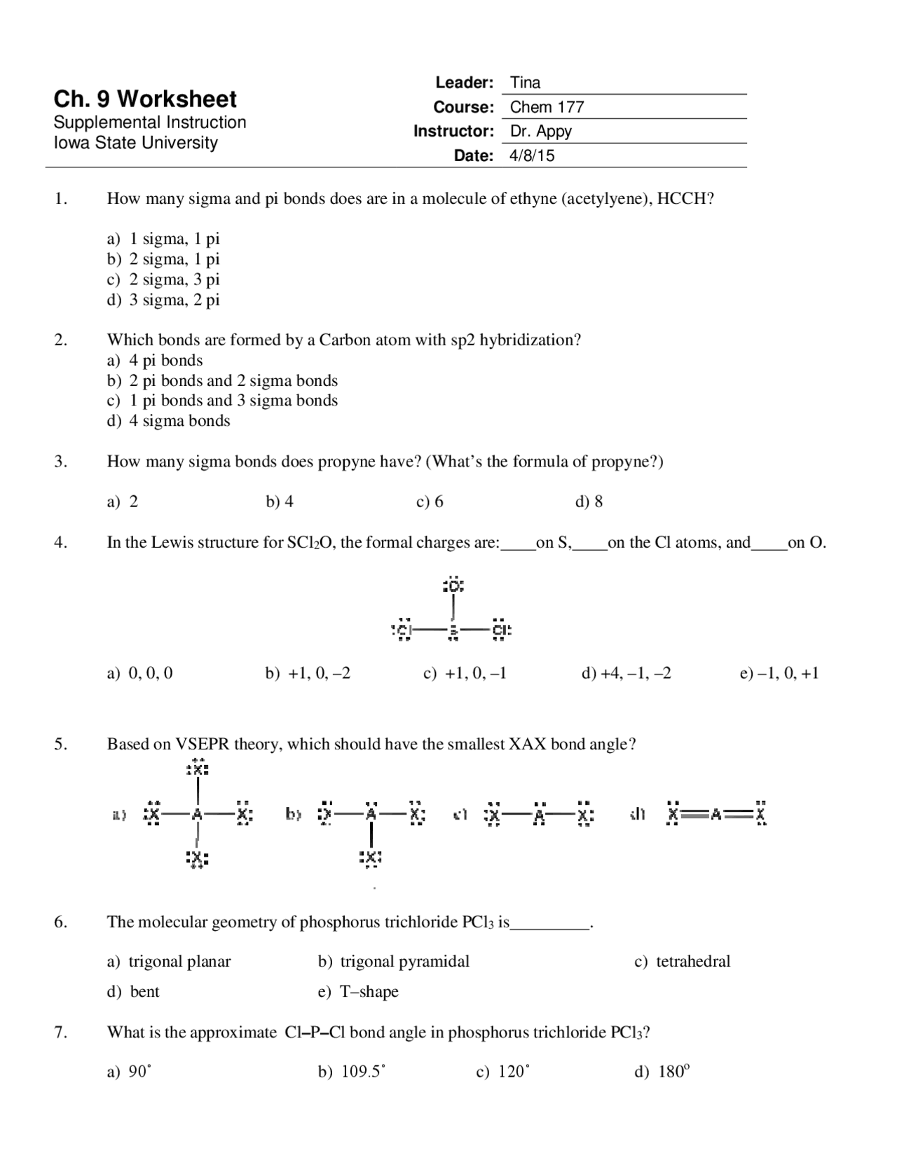 Science Chapter 9 Worksheet Ch. 9 Worksheet | Exercises Geometry | Docsity