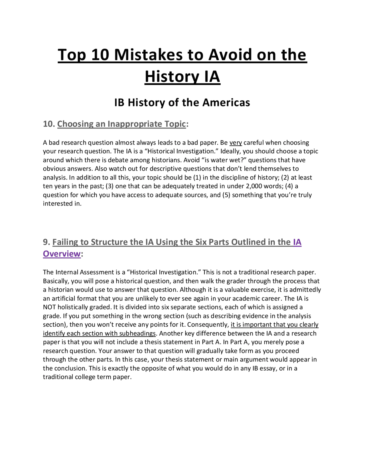 Top 10 Mistakes to Avoid on the History IA Exercises History Docsity