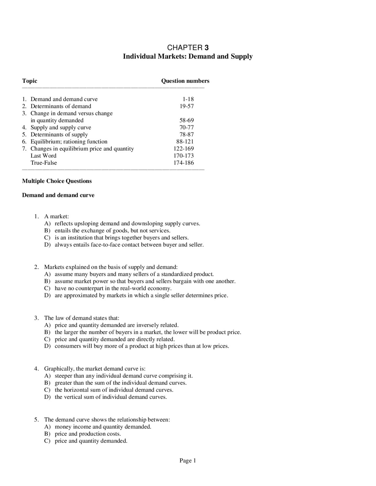 CHAPTER 3 Individual Markets: Demand and Supply | Exercises Law | Docsity
