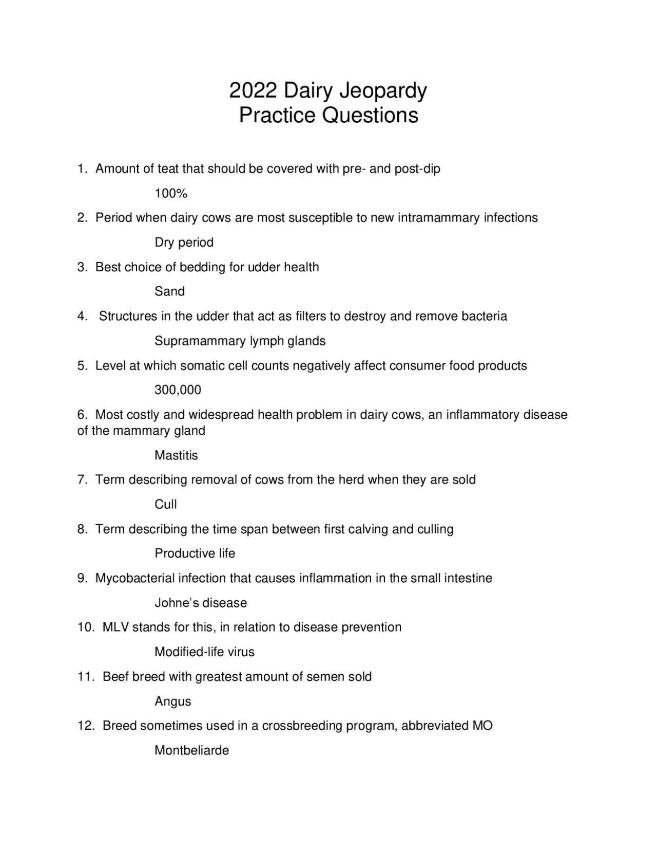 2022 Dairy Jeopardy Practice Questions Schemes and Mind Maps Docsity