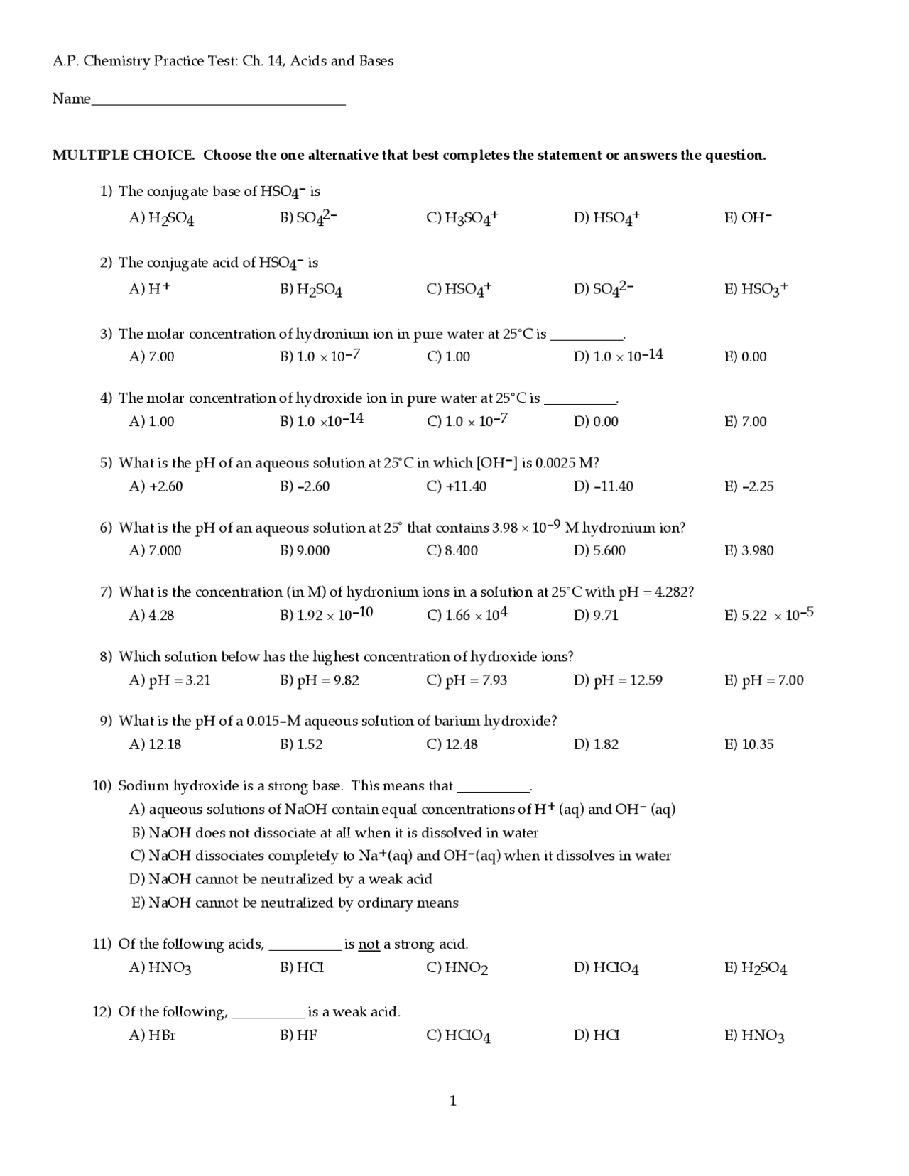AP Chemistry Practice Test: Ch. 14, Acids and Bases | Lecture notes ...