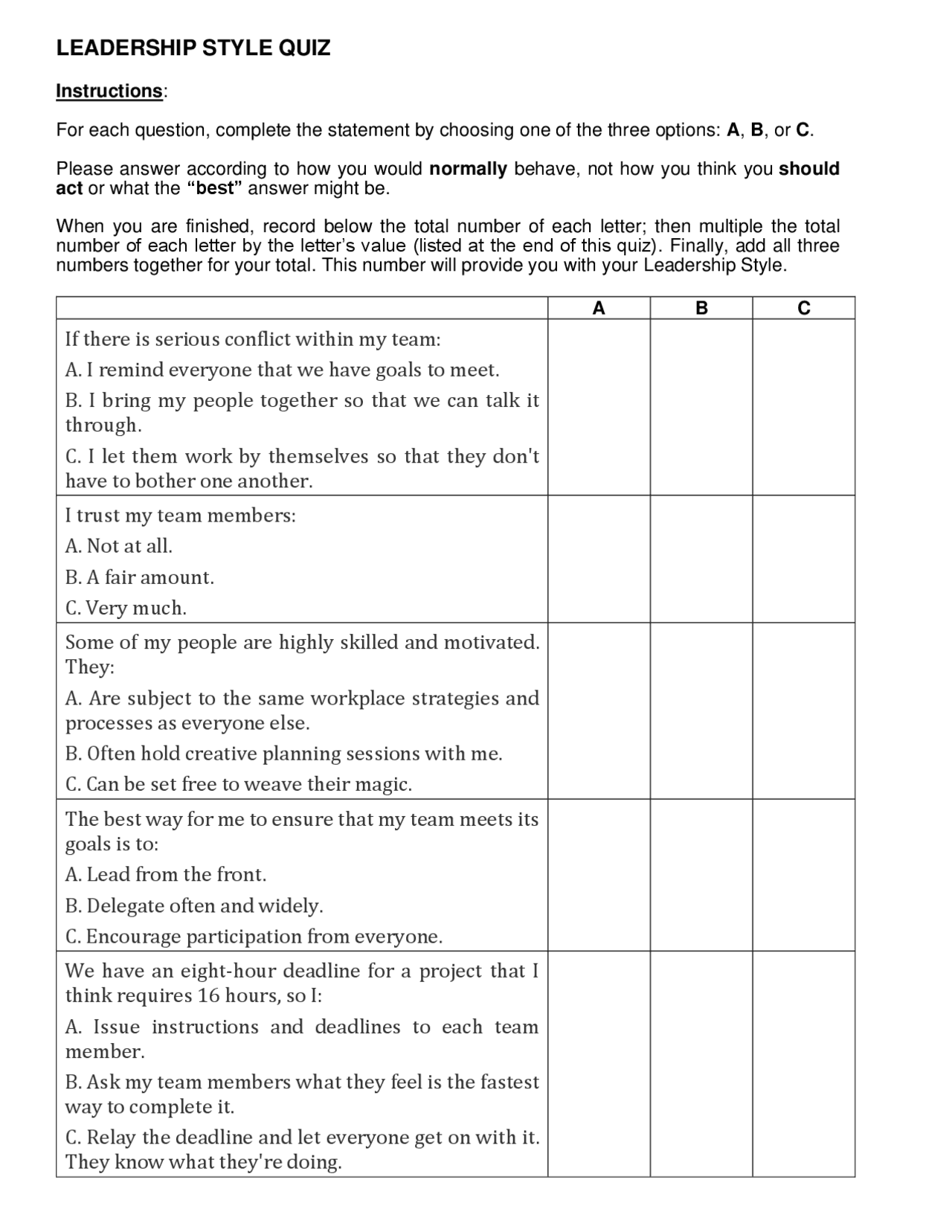 LEADERSHIP STYLE QUIZ | Summaries Leadership and Team Management | Docsity