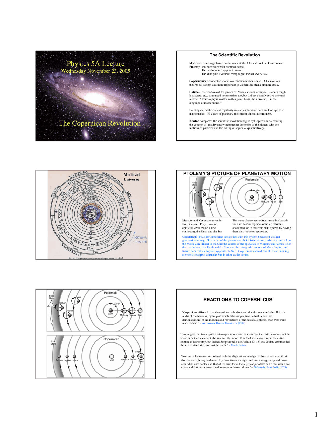 Physics 5A Lecture The Copernican Revolution | Slides Physics | Docsity