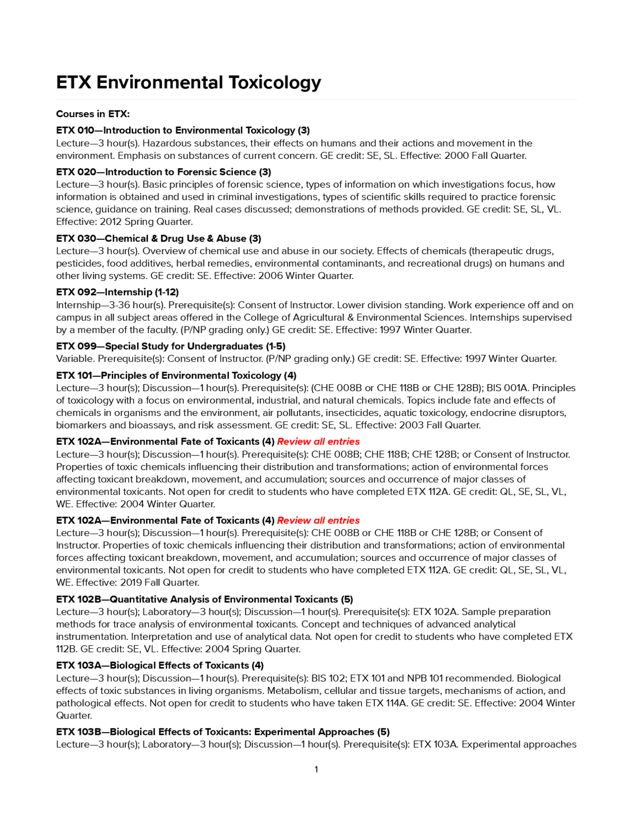 UC Davis General Catalog Study notes Toxicology Docsity