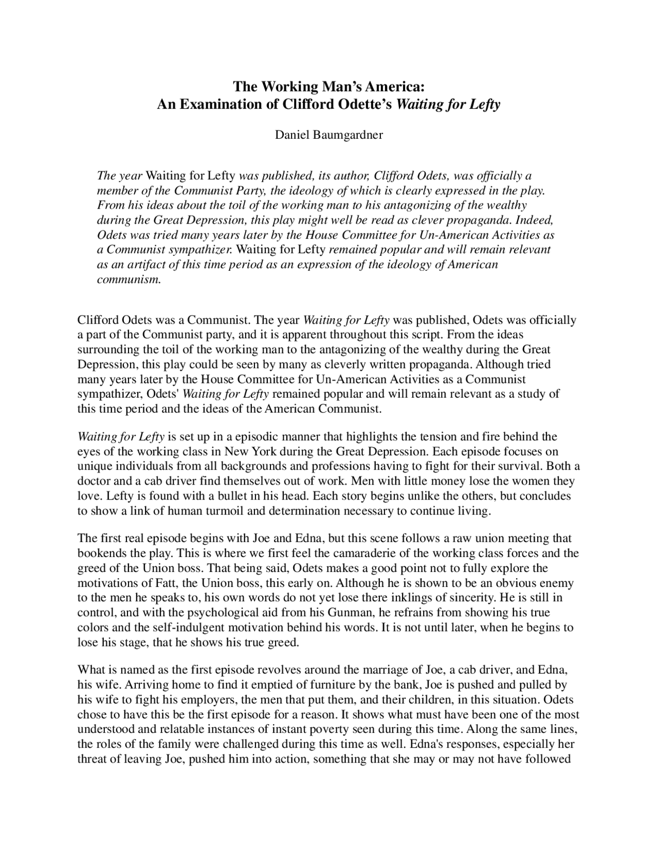 An Examination of Clifford Odette's Waiting for Lefty | Schemes and ...