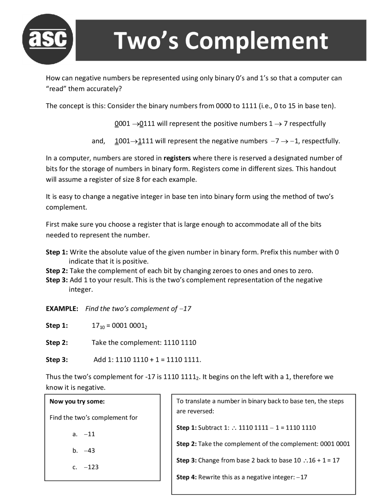 Two's Complement | Study notes Number Theory | Docsity