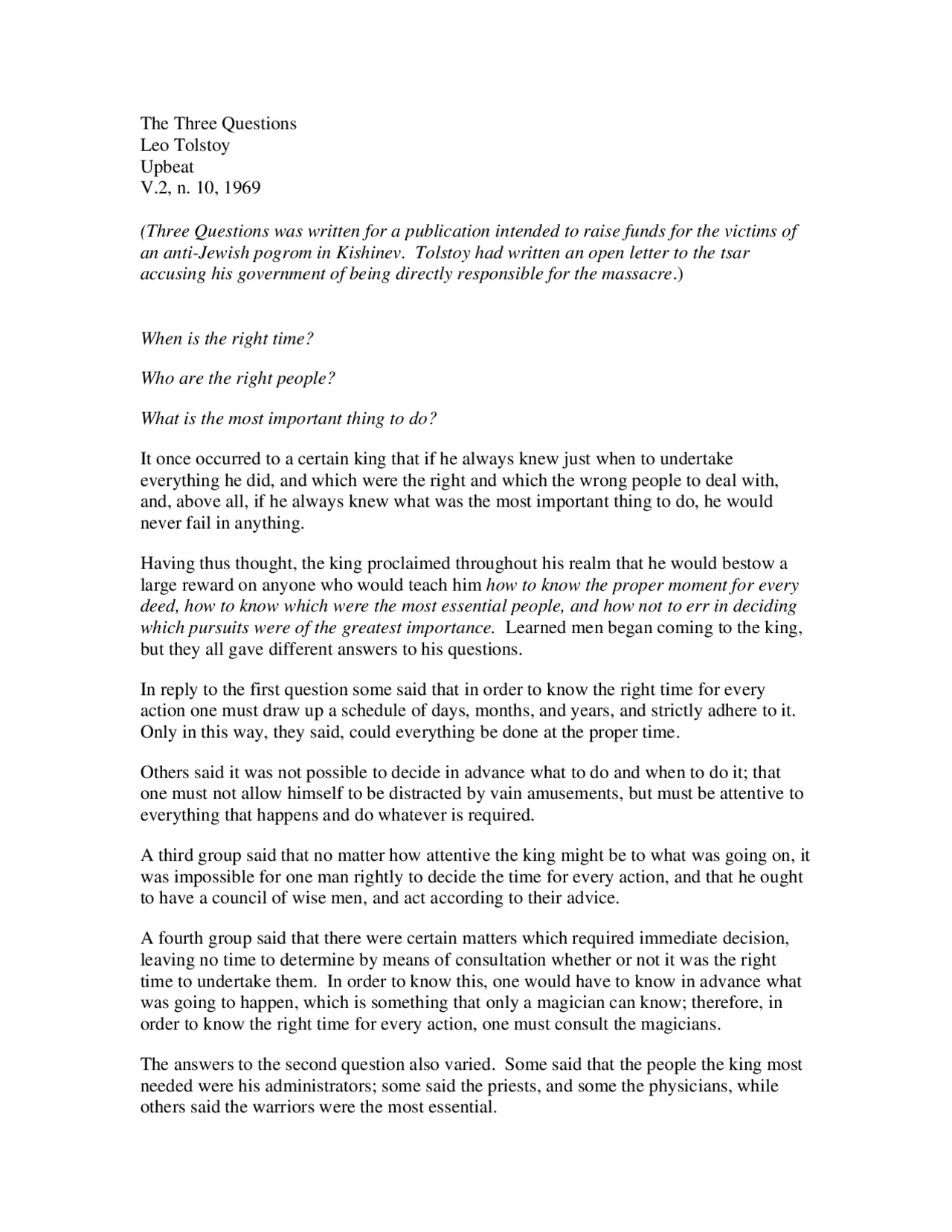 The Three Questions Leo Tolstoy Upbeat V.2, n. 10, 1969 Summaries