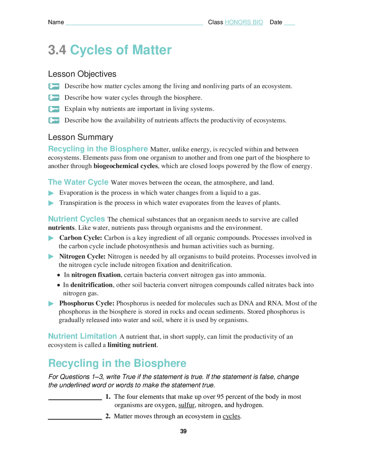 3.4 Cycles of Matter | Exercises Chemistry | Docsity