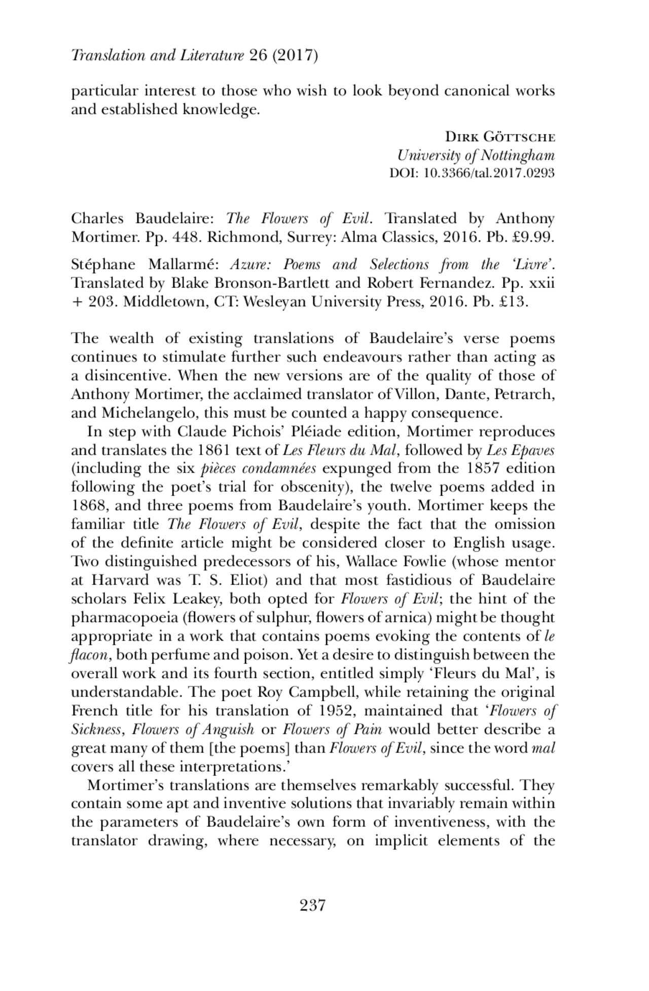 The Flowers of Evil, translated by Anthony Mortimer; Stéphane