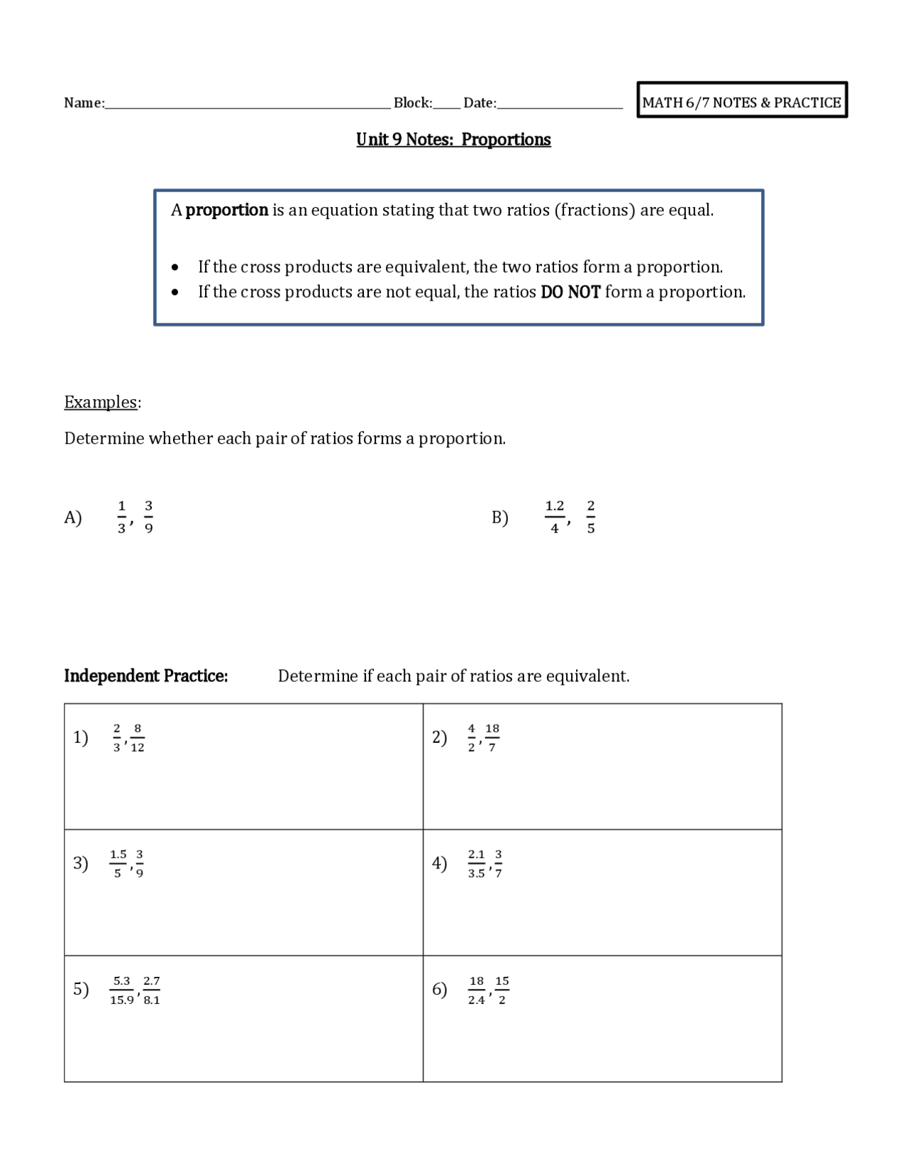 Algebraic Proportion Notes Unit 9 Notes: Proportions | Exercises Algebra | Docsity