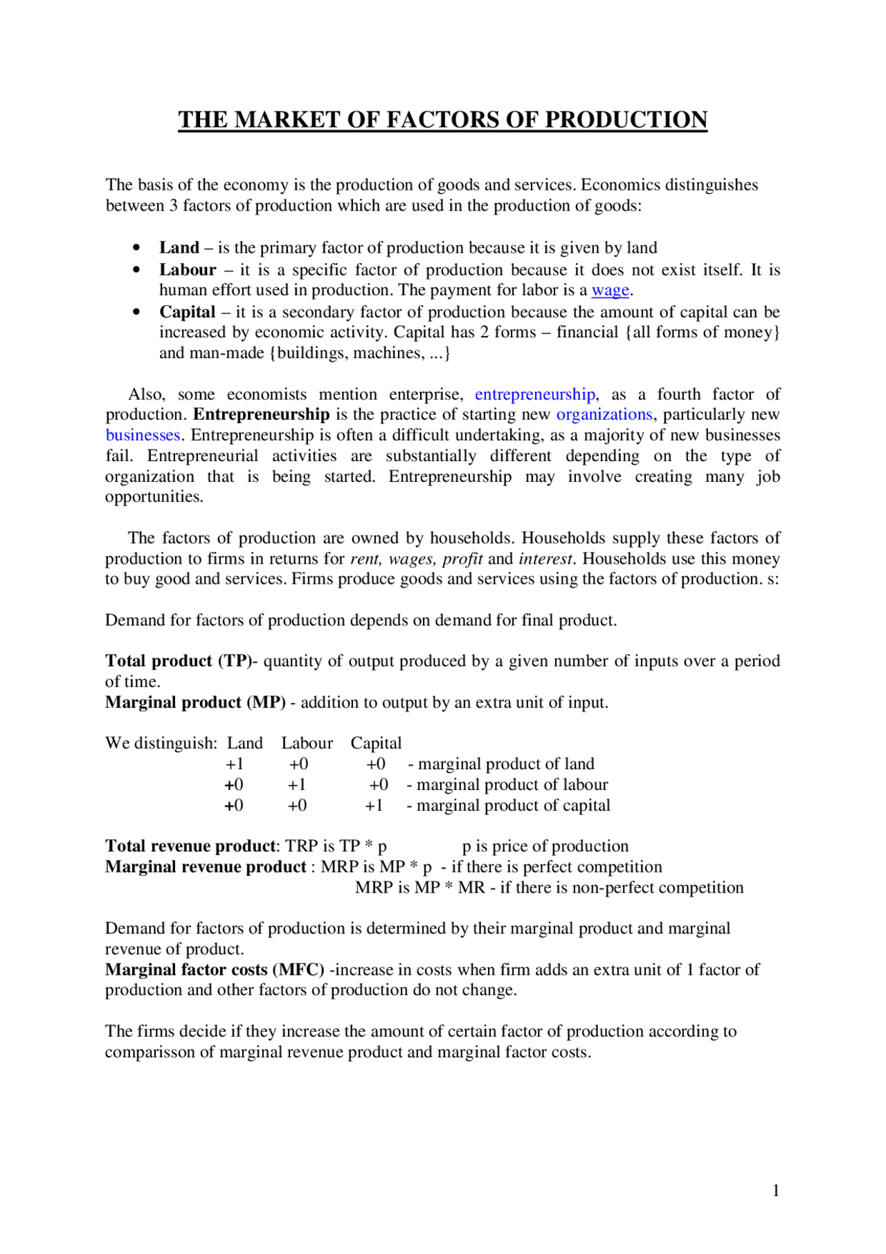 THE MARKET OF FACTORS OF PRODUCTION | Lecture notes Entrepreneurship ...