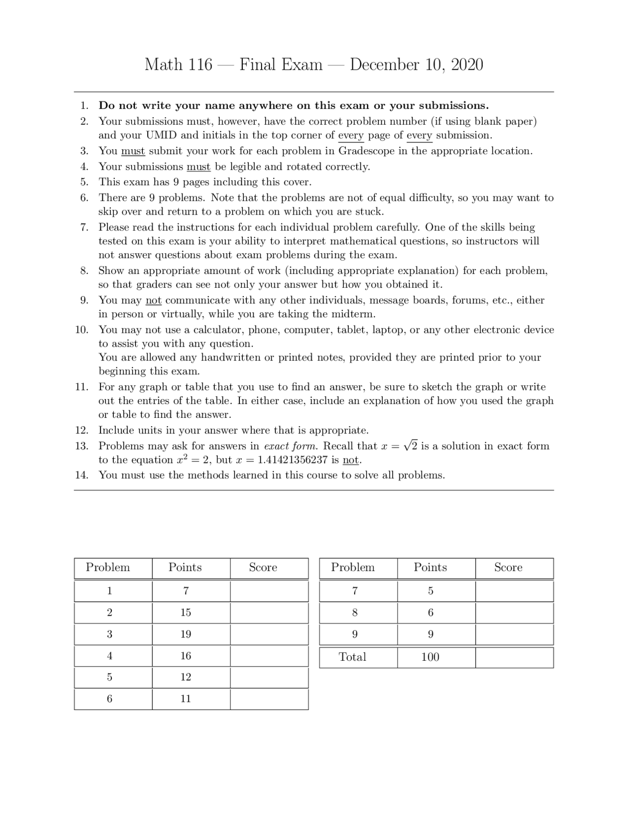 What Is Math 116 Math 116 — Final Exam — December 10, 2020 | Study notes Painting | Docsity
