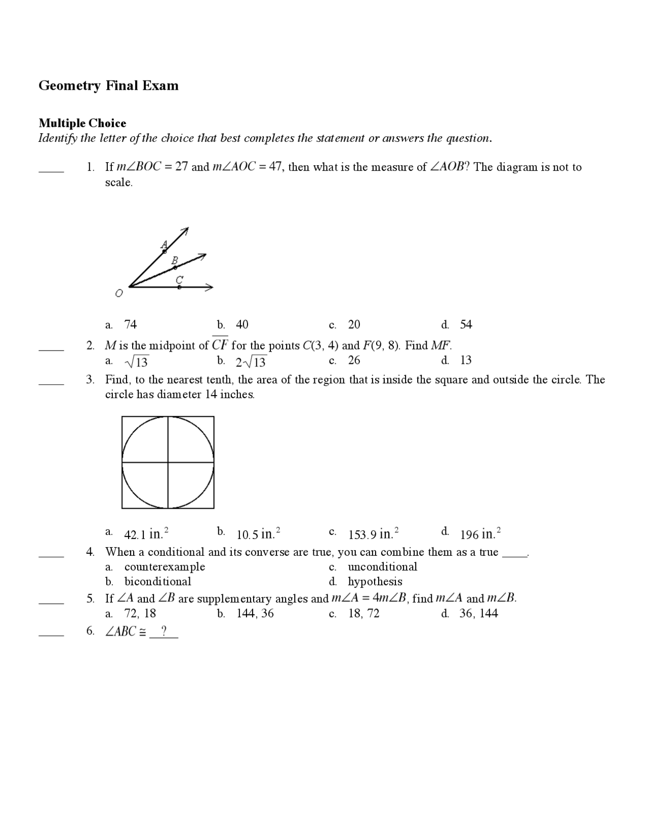 Geometry Final Exam | Exams Geometry | Docsity