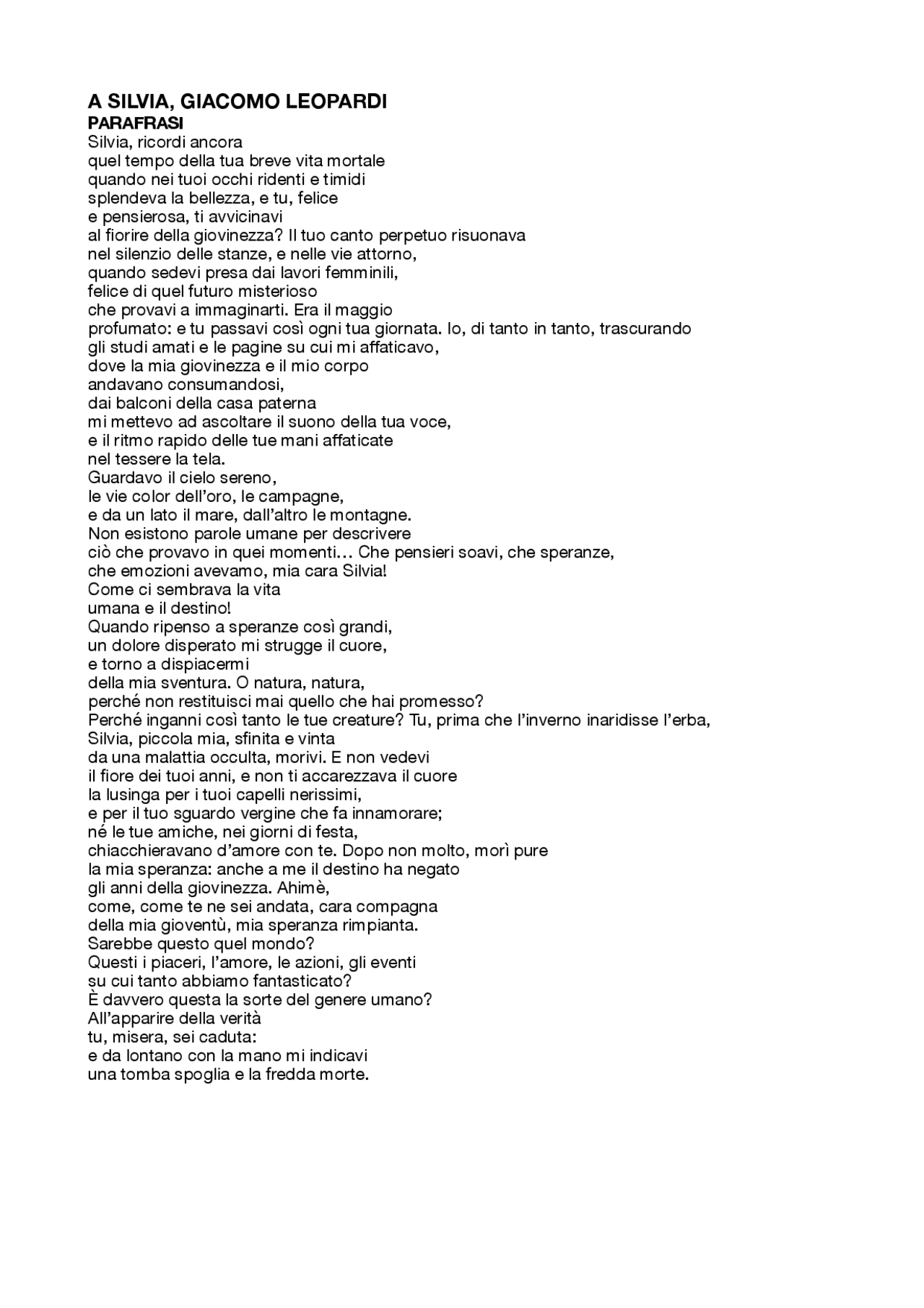 parafrasi di a silvia leopardi