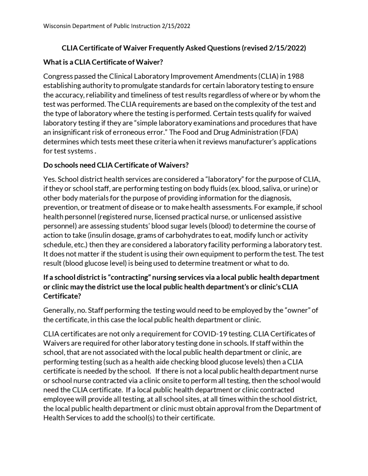 CLIA Certificate of Waiver Frequently Asked Questions Study notes