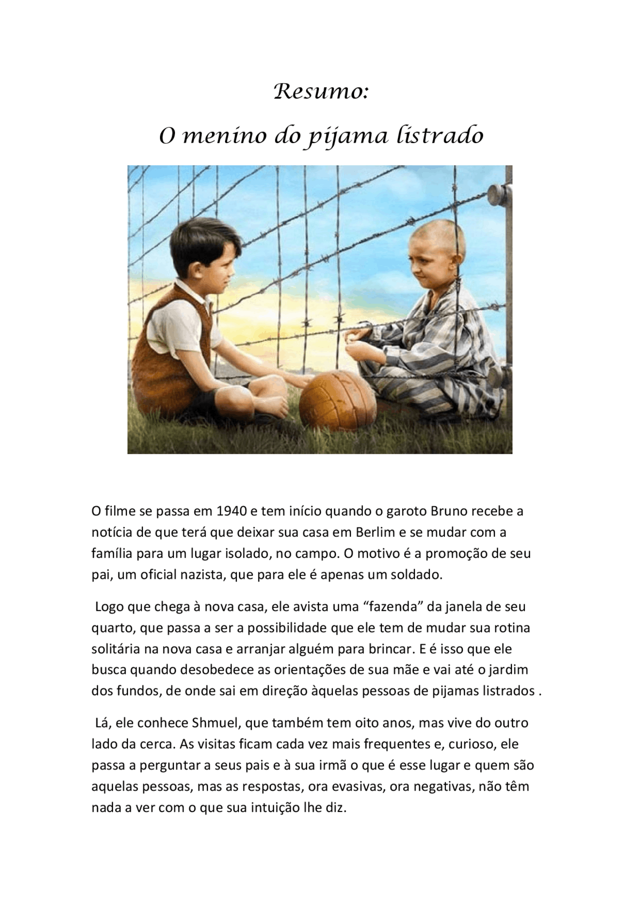 Resumo do filme O menino do pijama listrado | Resumos História | Docsity