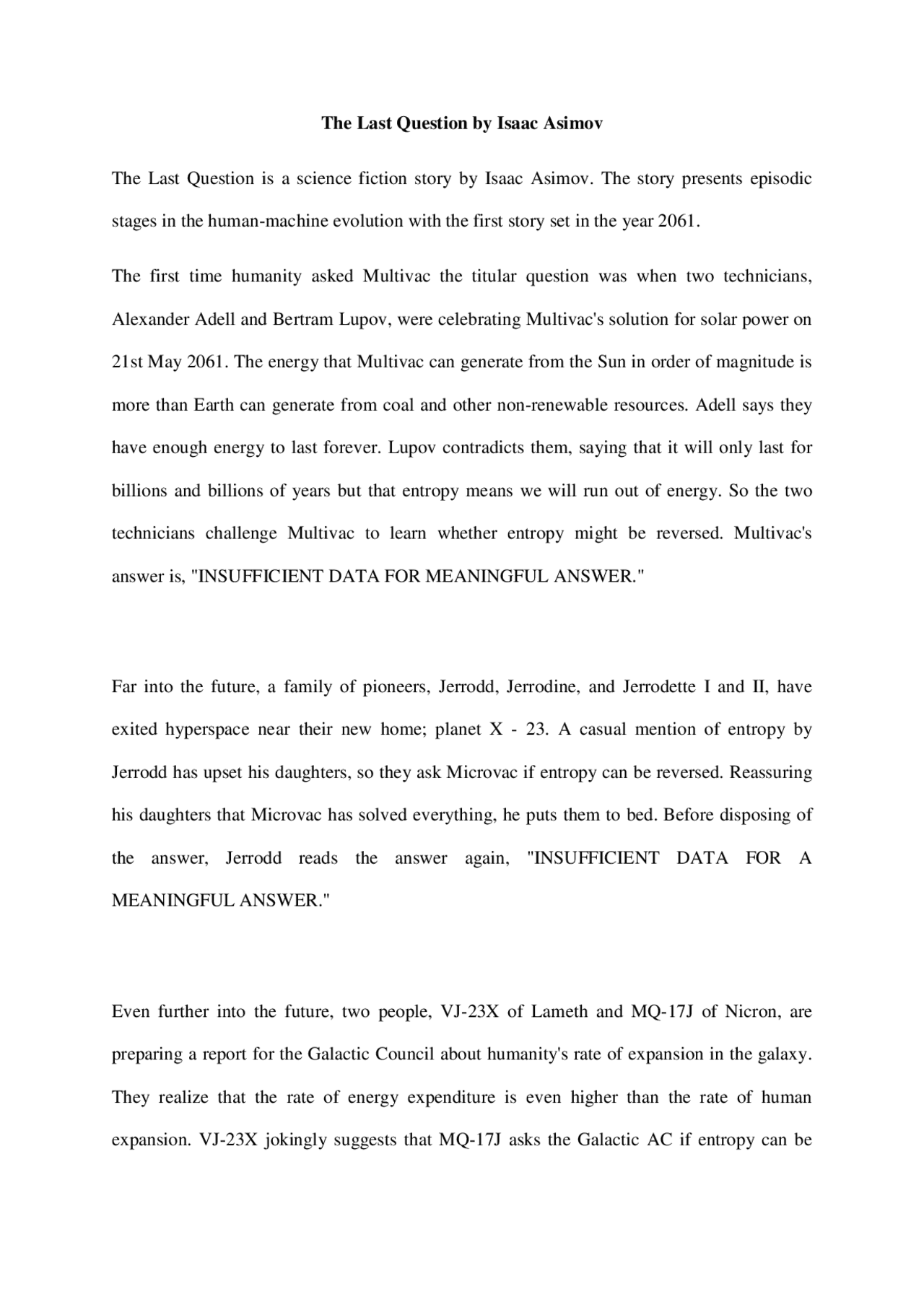 The Last Question by Isaac Asimov | Exercises English Literature | Docsity