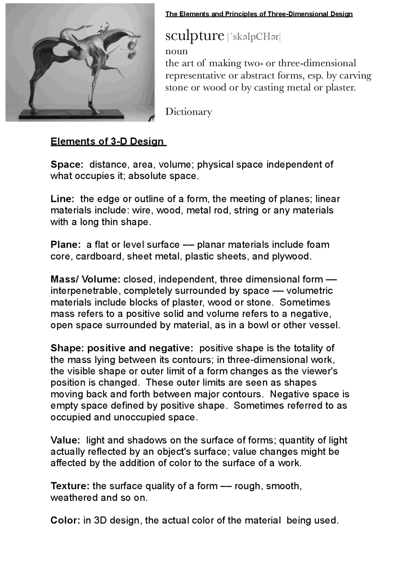 Sculpture Notes.pdf Elements and Principles of Sculpture | Study notes Sculpture | Docsity