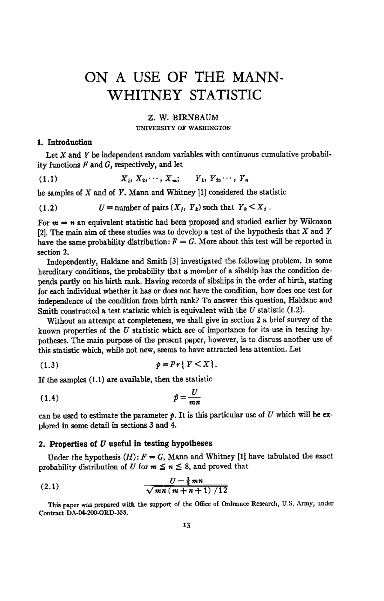 ON A USE OF THE MANN- WHITNEY STATISTIC | Slides Statistics | Docsity