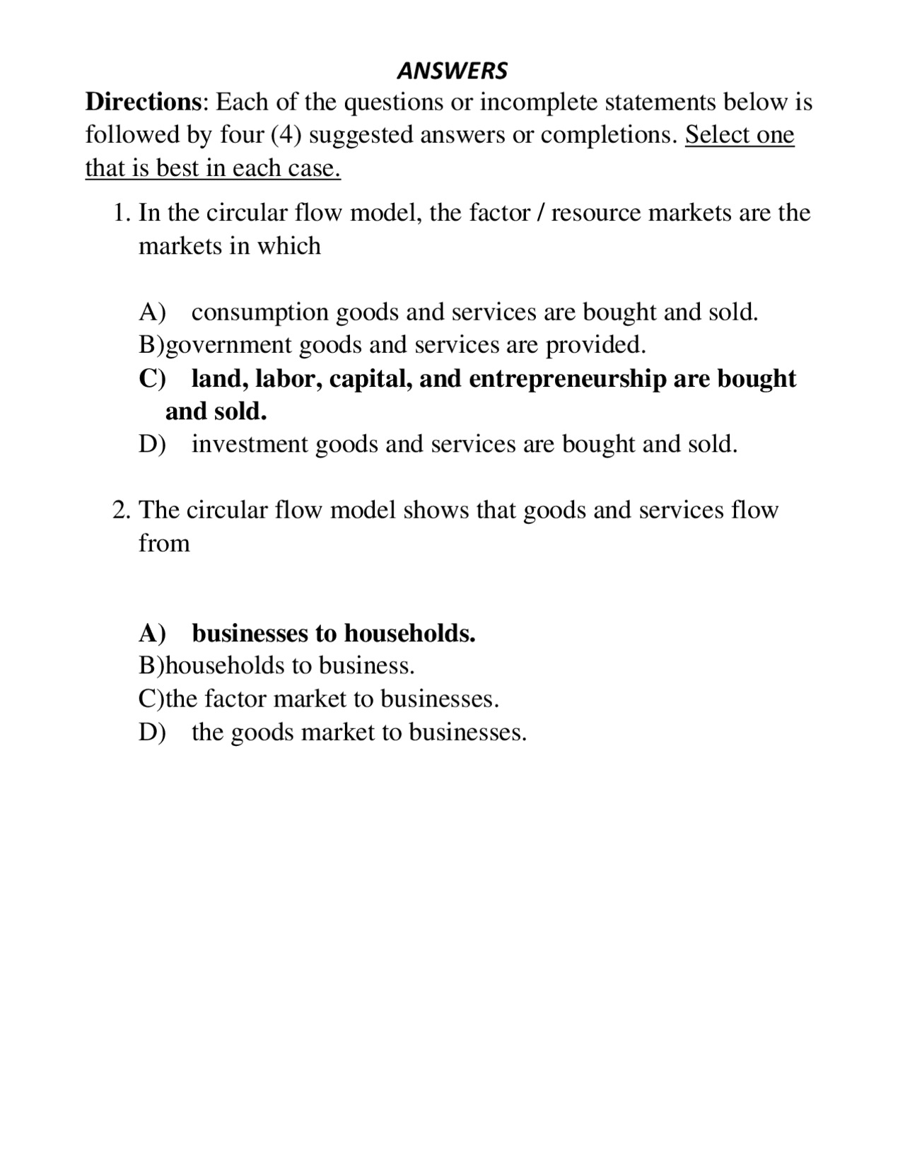 ANSWERS Directions: Each of the questions or incomplete ... | Study ...