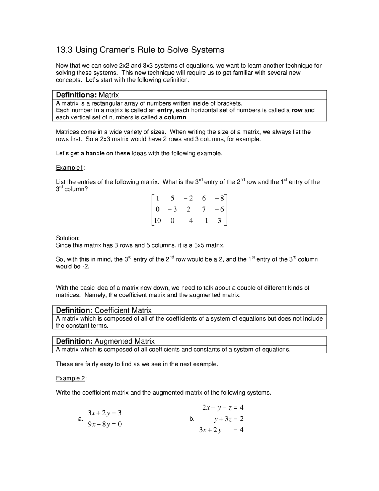 13.3 Using Cramer's Rule to Solve Systems | Study notes Linear Algebra ...