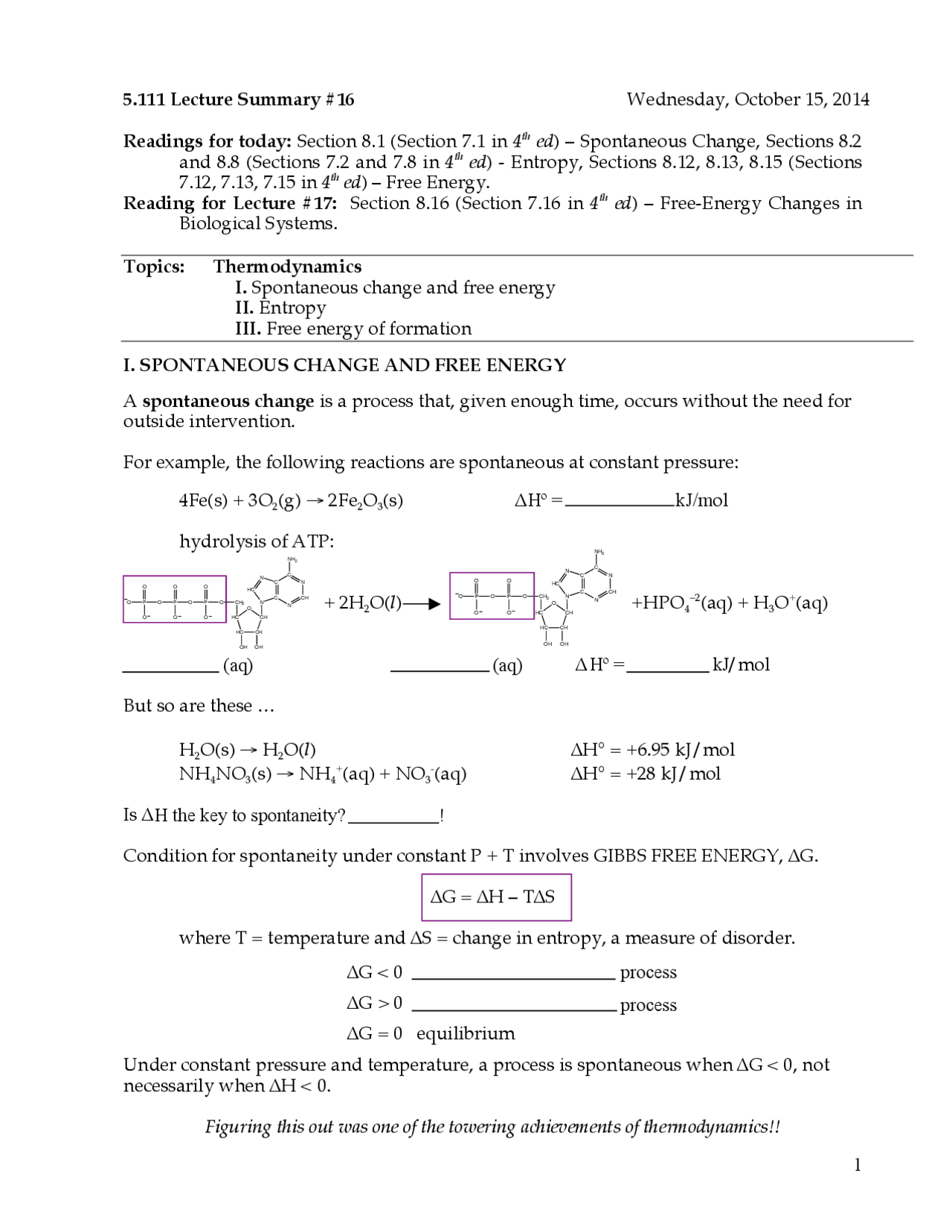 Lecture 16: Thermodynamics: Gibbs Free Energy and Entropy | Exams ...