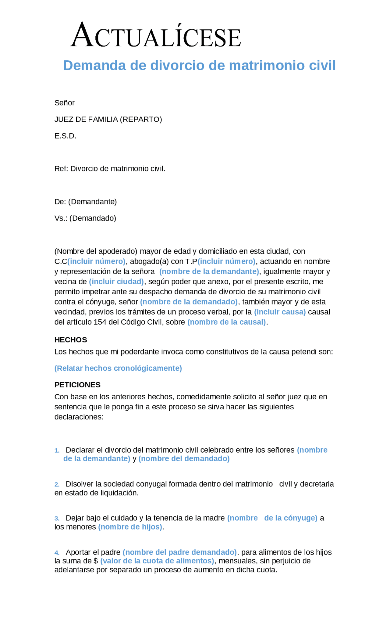 Modelo de demanda divorcio | Diapositivas de Derecho de Familia | Docsity