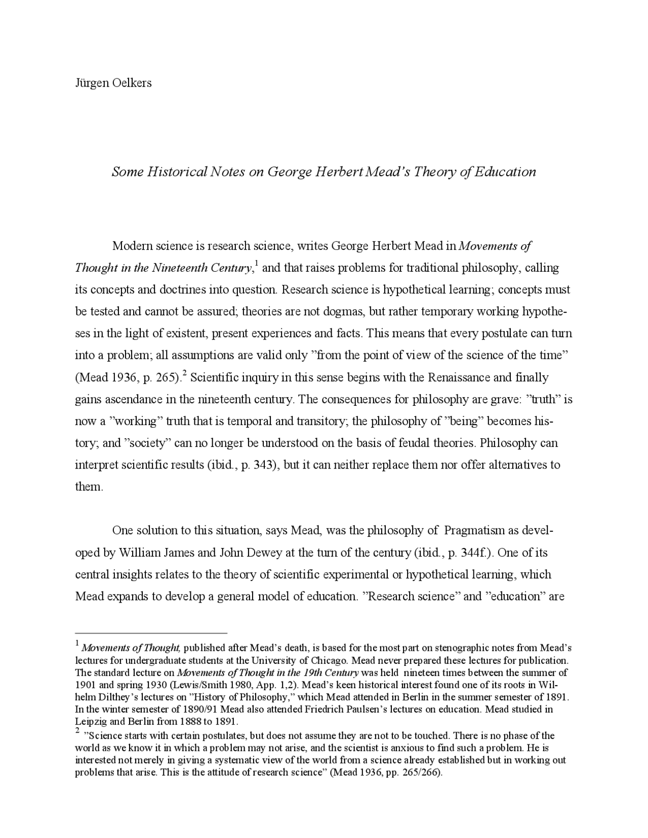 Some Historical Notes on Herbert Mead's Theory of