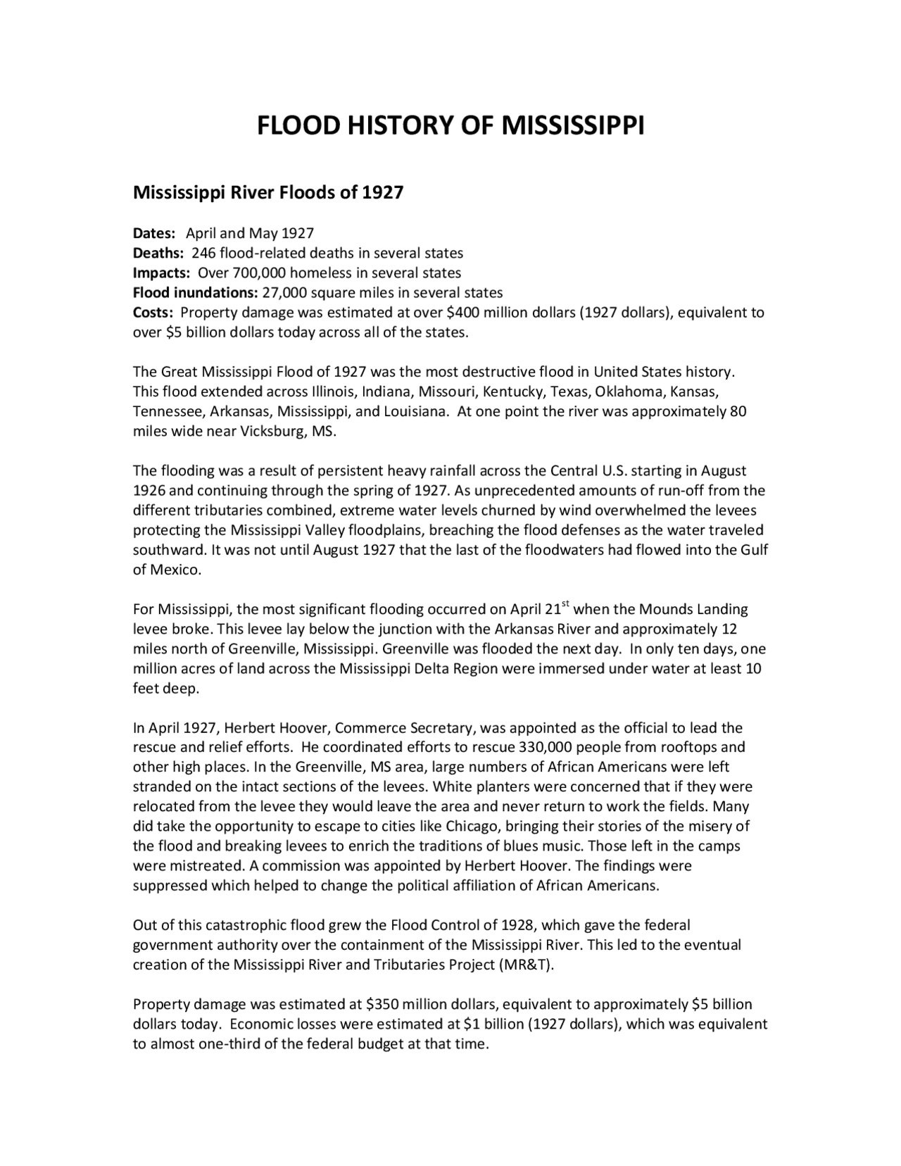 FLOOD HISTORY OF MISSISSIPPI Summaries History Docsity