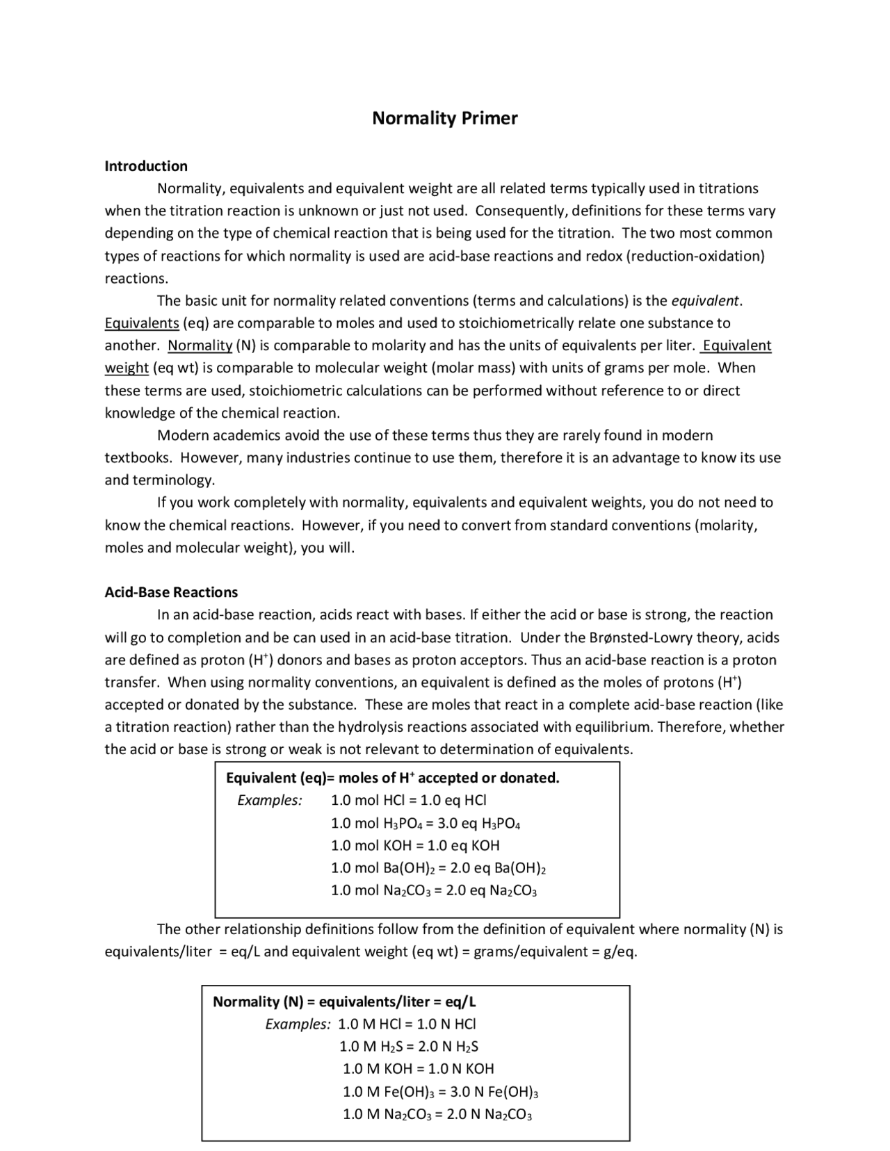 Normality Primer | Study notes Chemistry | Docsity