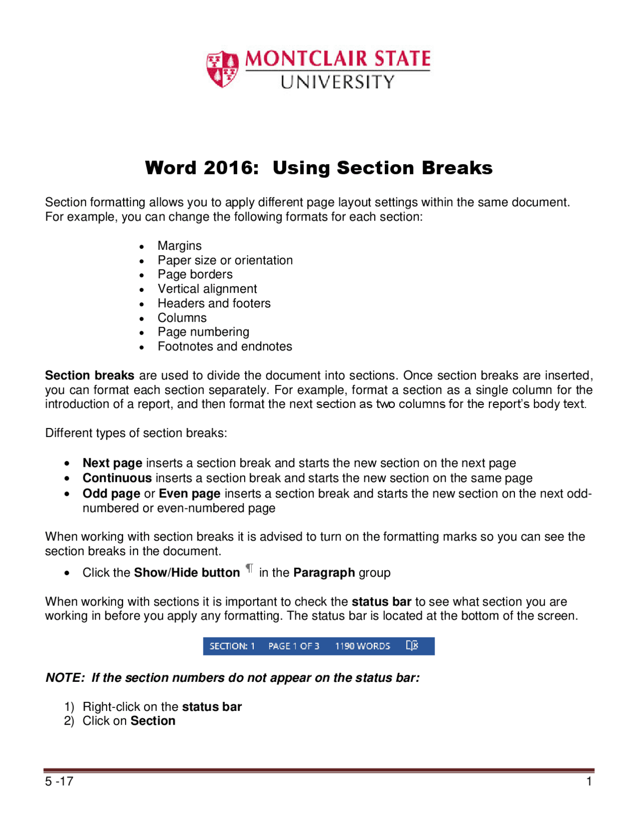 Word 2016: Using Section Breaks | Slides Microsoft Word Skills | Docsity