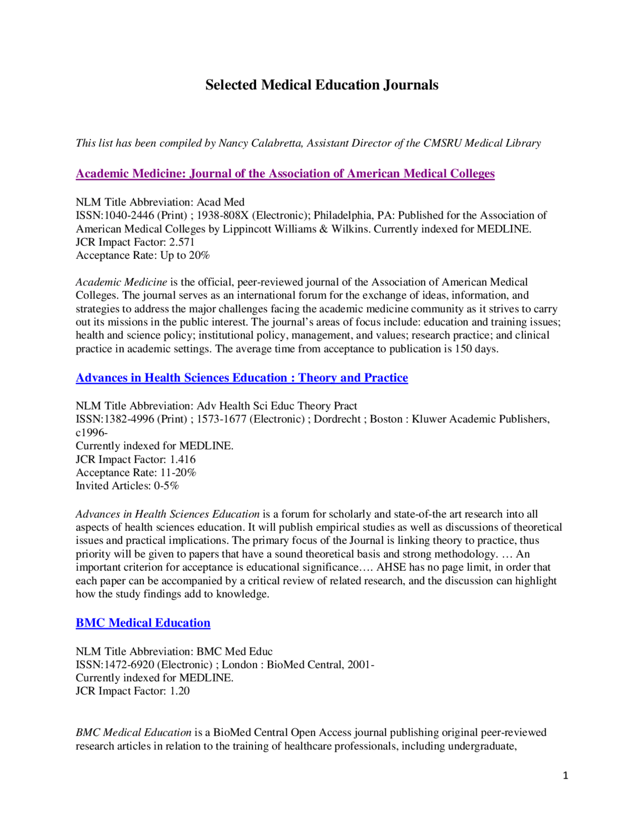 Selected Medical Education Journals Study notes Medicine Docsity