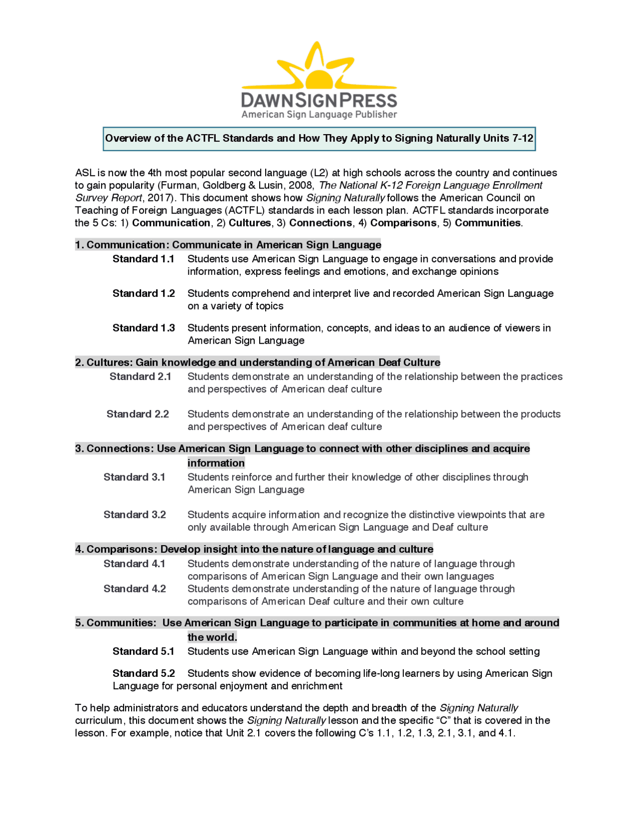 SN ACTFL Standards 7-12.pdf | Summaries Sign Language | Docsity