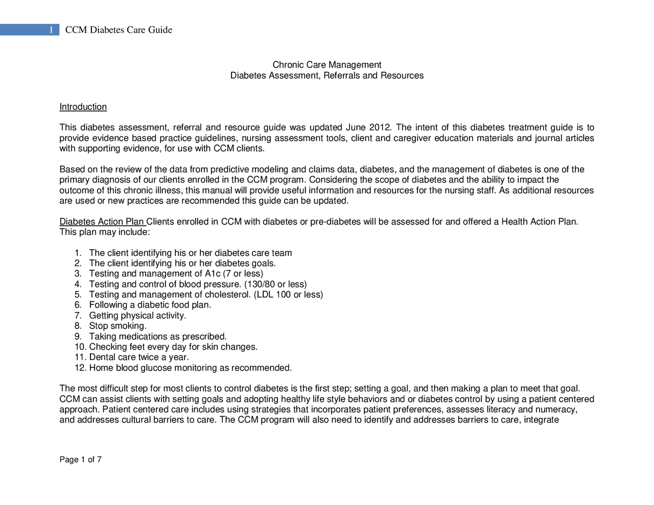 Ccm Note Form 1 CCM Diabetes Care Guide | Study notes Nursing | Docsity