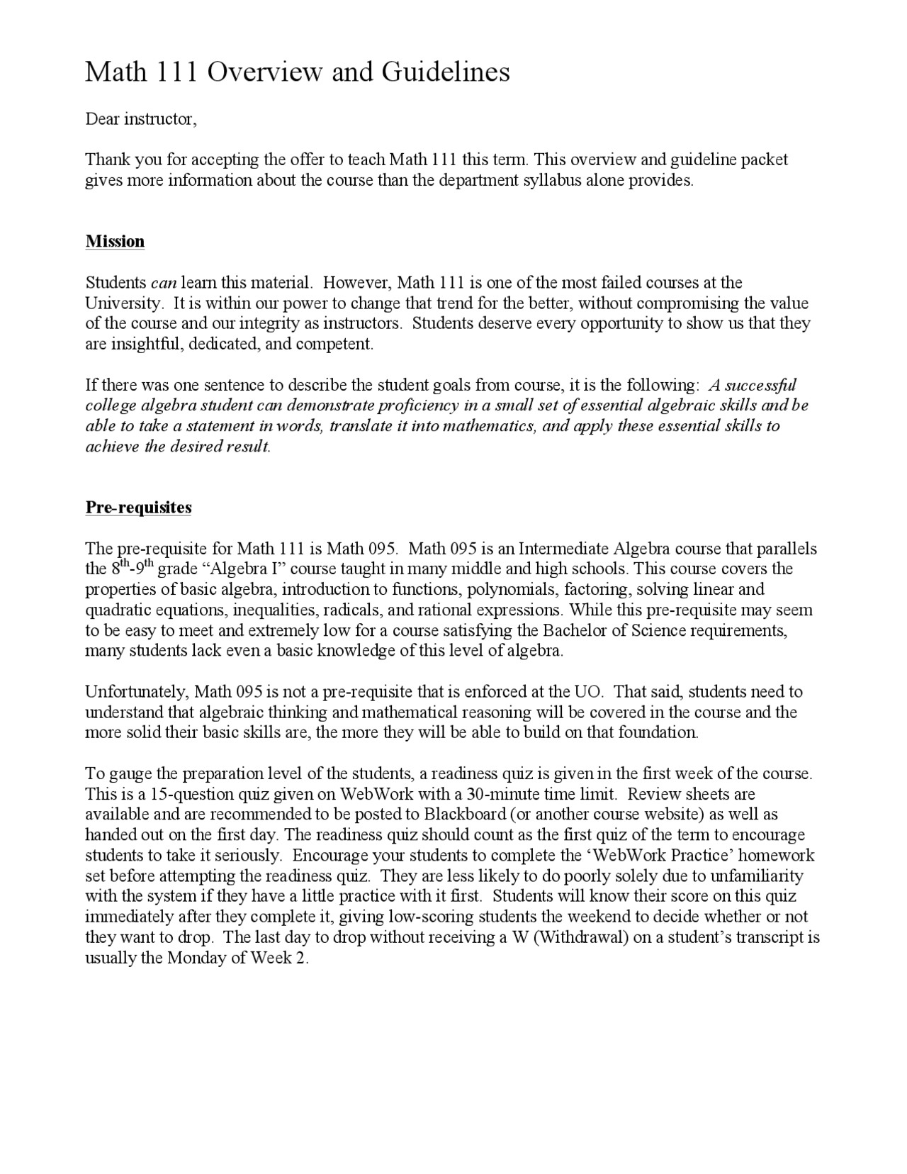 Math 111 Overview and Guidelines | Summaries Algebra | Docsity