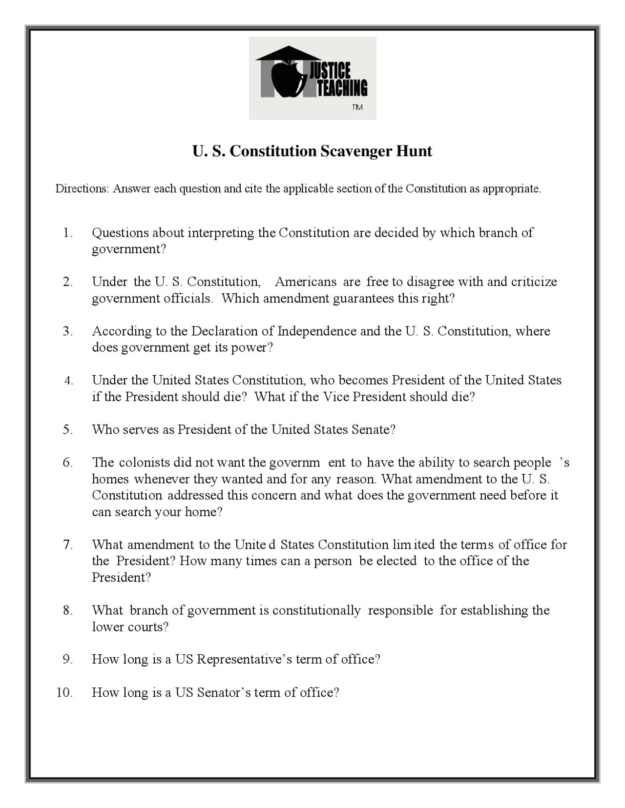 US Constitution Scavenger Hunt | Summaries Law | Docsity