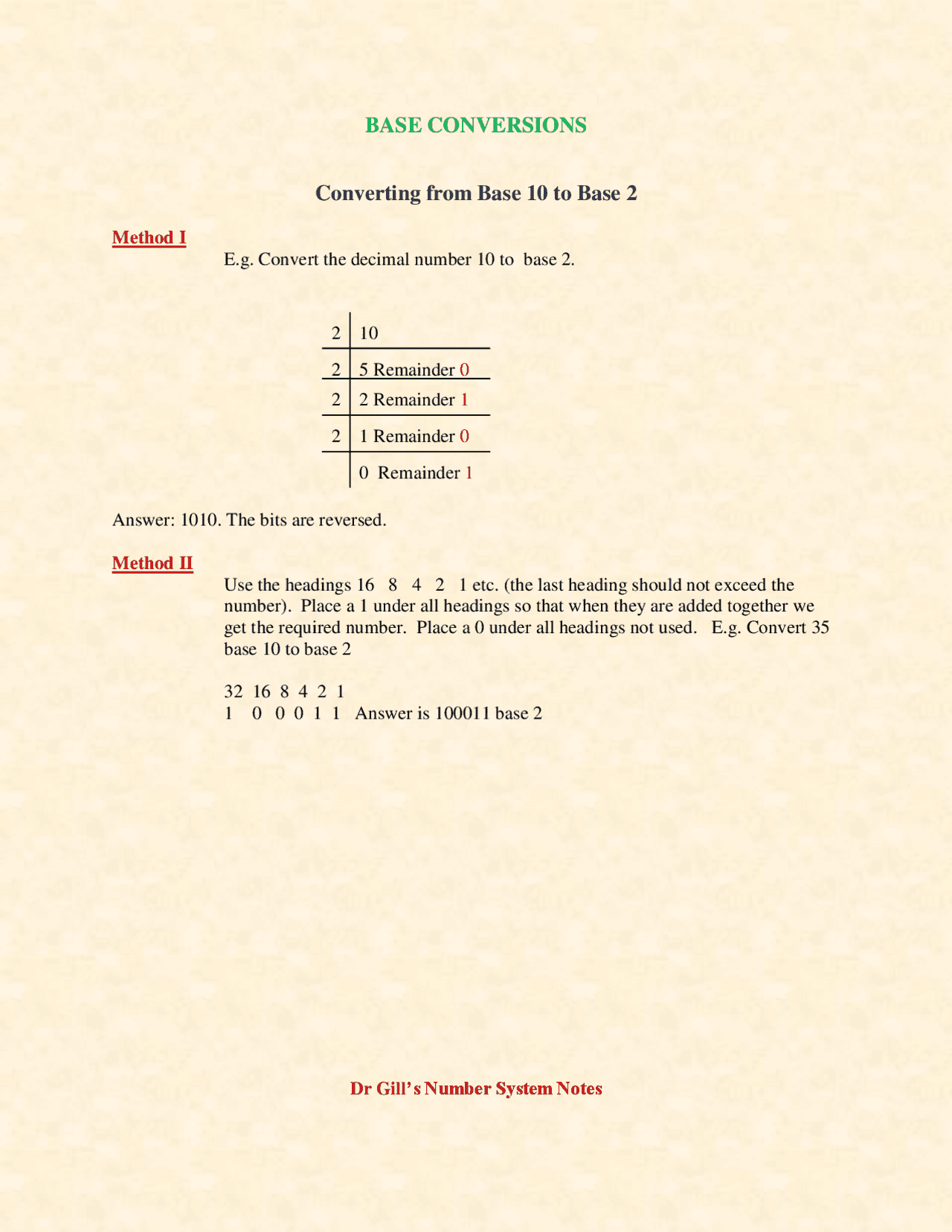BASE CONVERSIONS Converting from Base 10 to Base 2 | Study notes Number ...