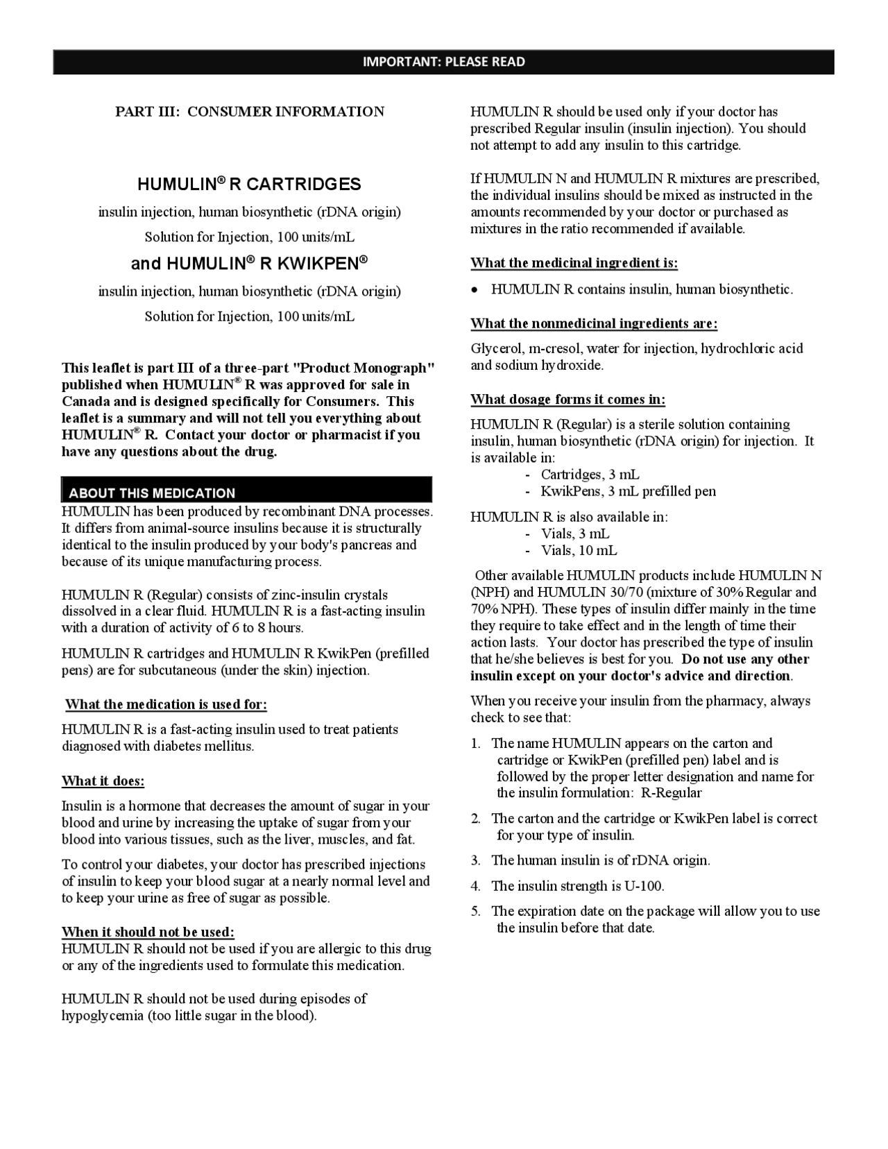 HUMULIN® R CARTRIDGES | Exams Acting | Docsity
