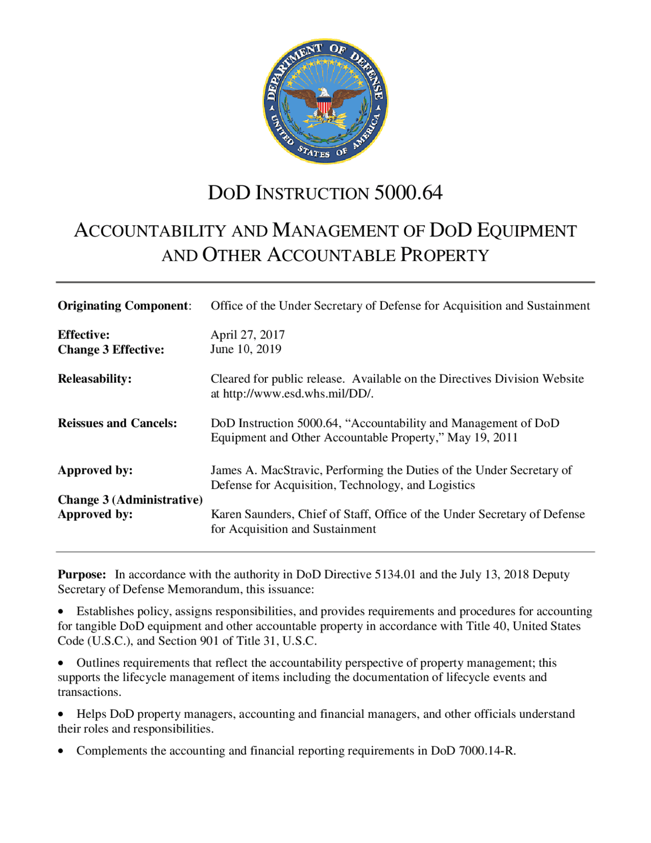 Dod instruction 5000.64 accountability and management of ... | Study ...