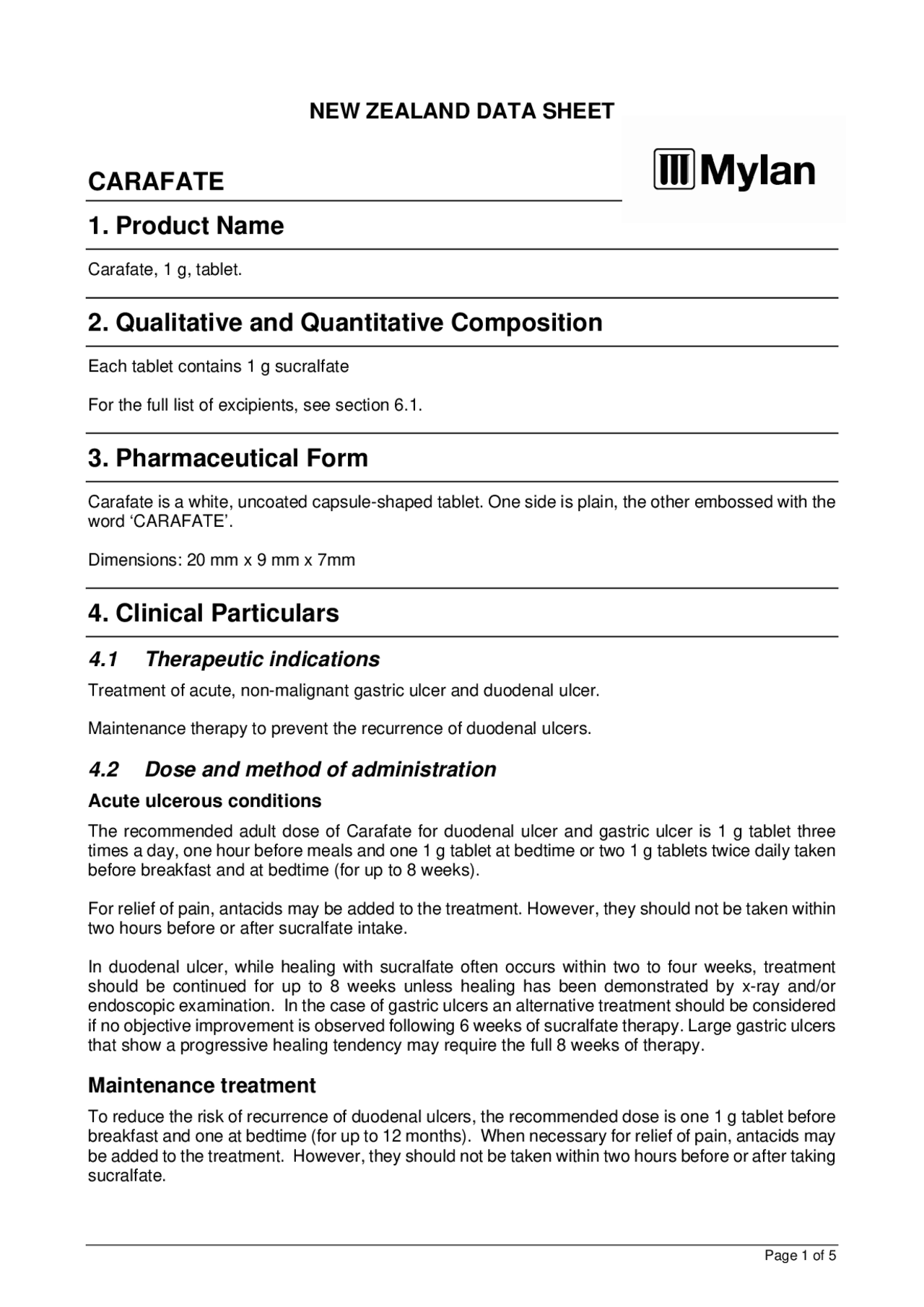 CARAFATE 1. Product Name 2. Qualitative and Quantitative