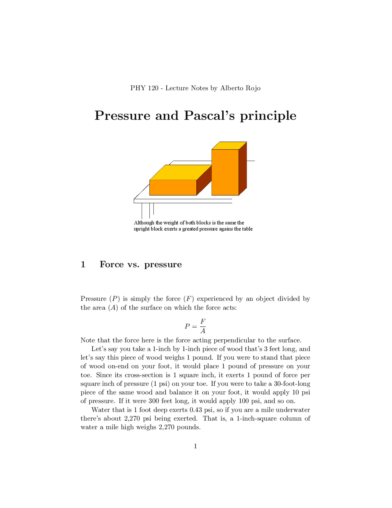 Pressure and Pascal's principle | Summaries Acting | Docsity
