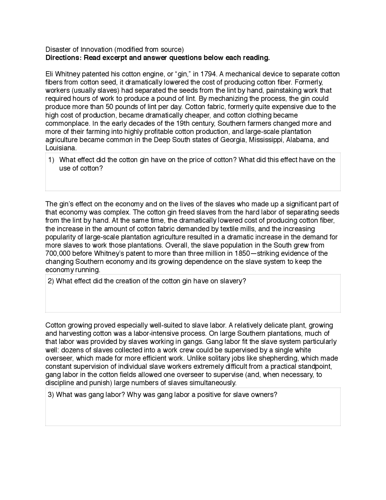 Cotton Gin and Slavery Packet Schemes and Mind Maps Innovation Docsity