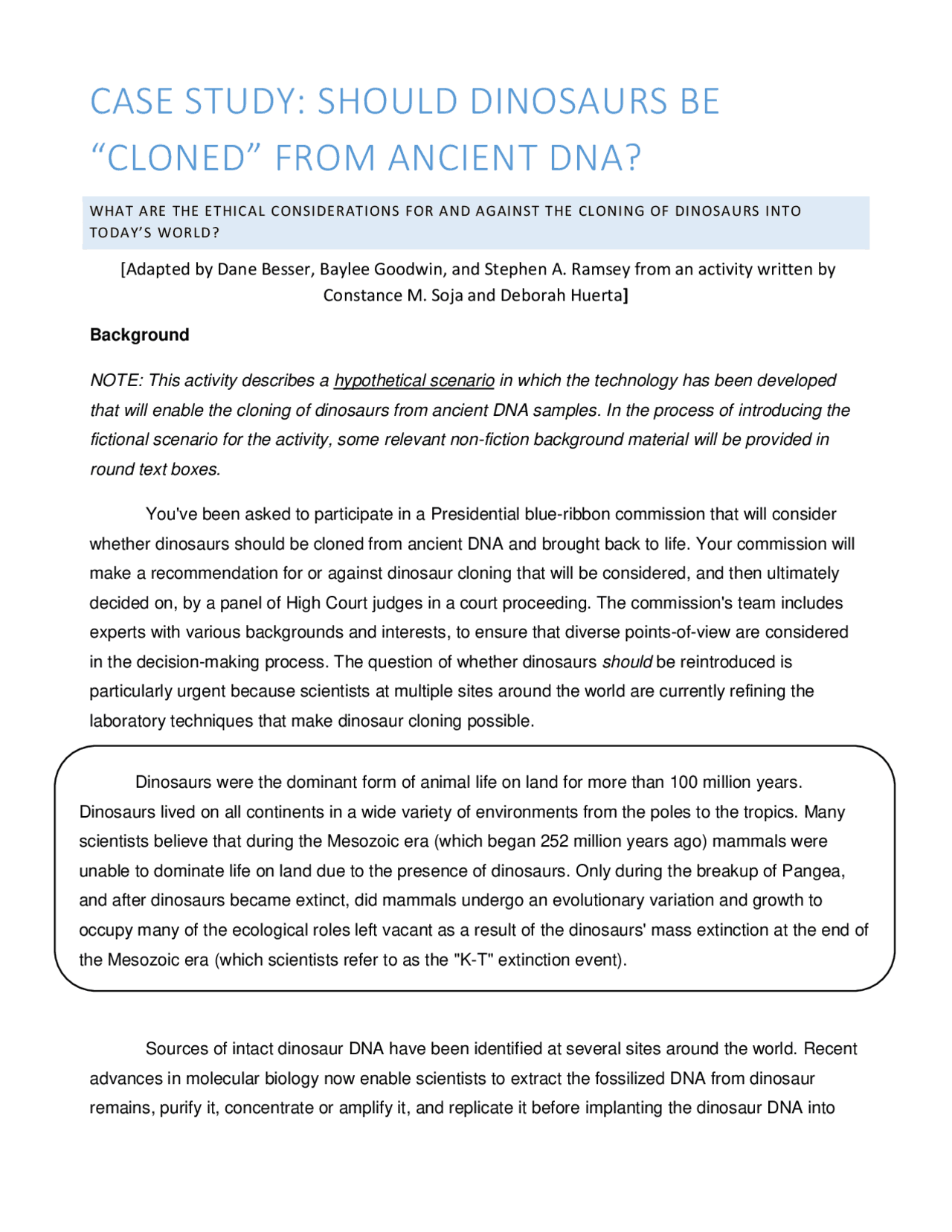 SHOULD DINOSAURS BE “CLONED” FROM ANCIENT DNA? Schemes and Mind Maps