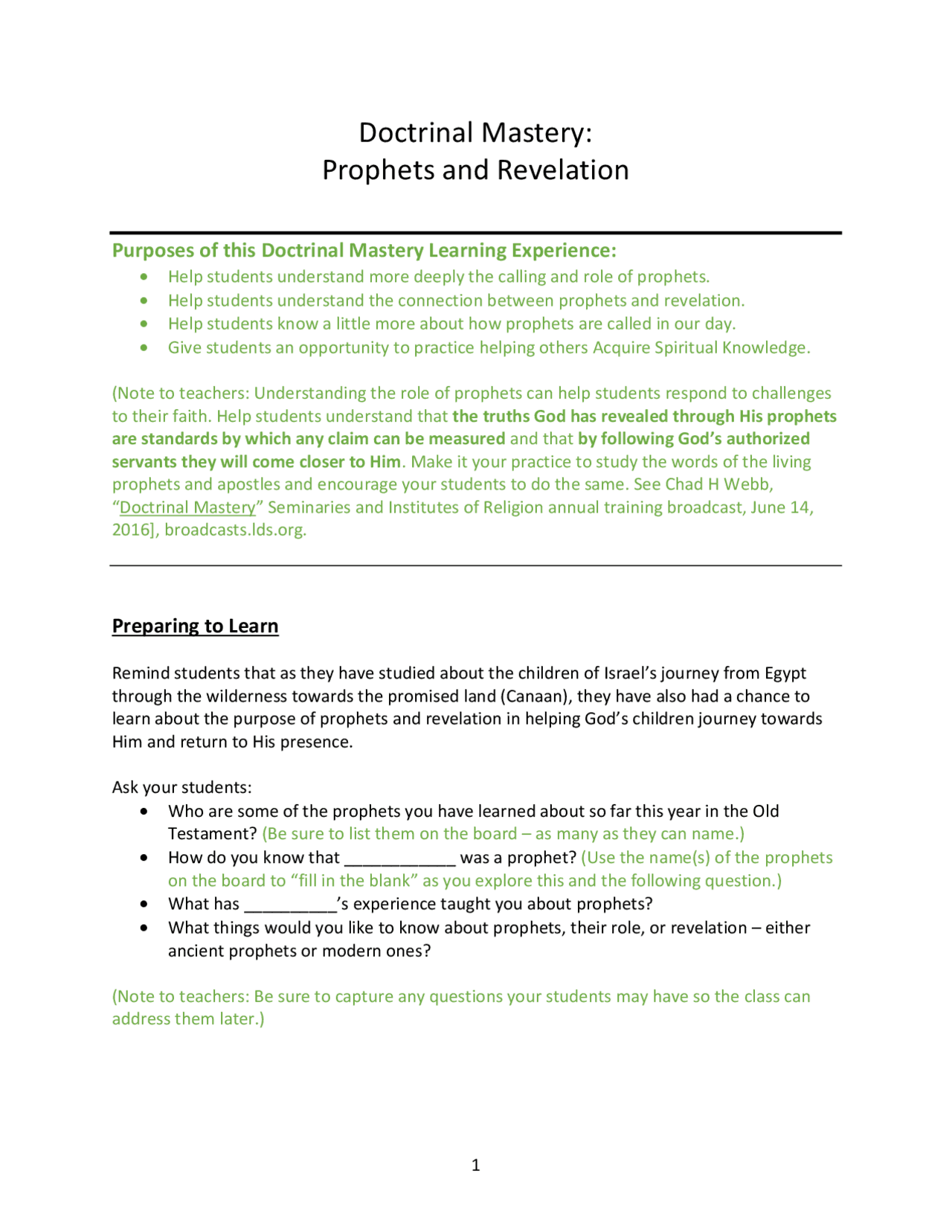 Doctrinal Mastery: Prophets and Revelation | Lecture notes Religion ...