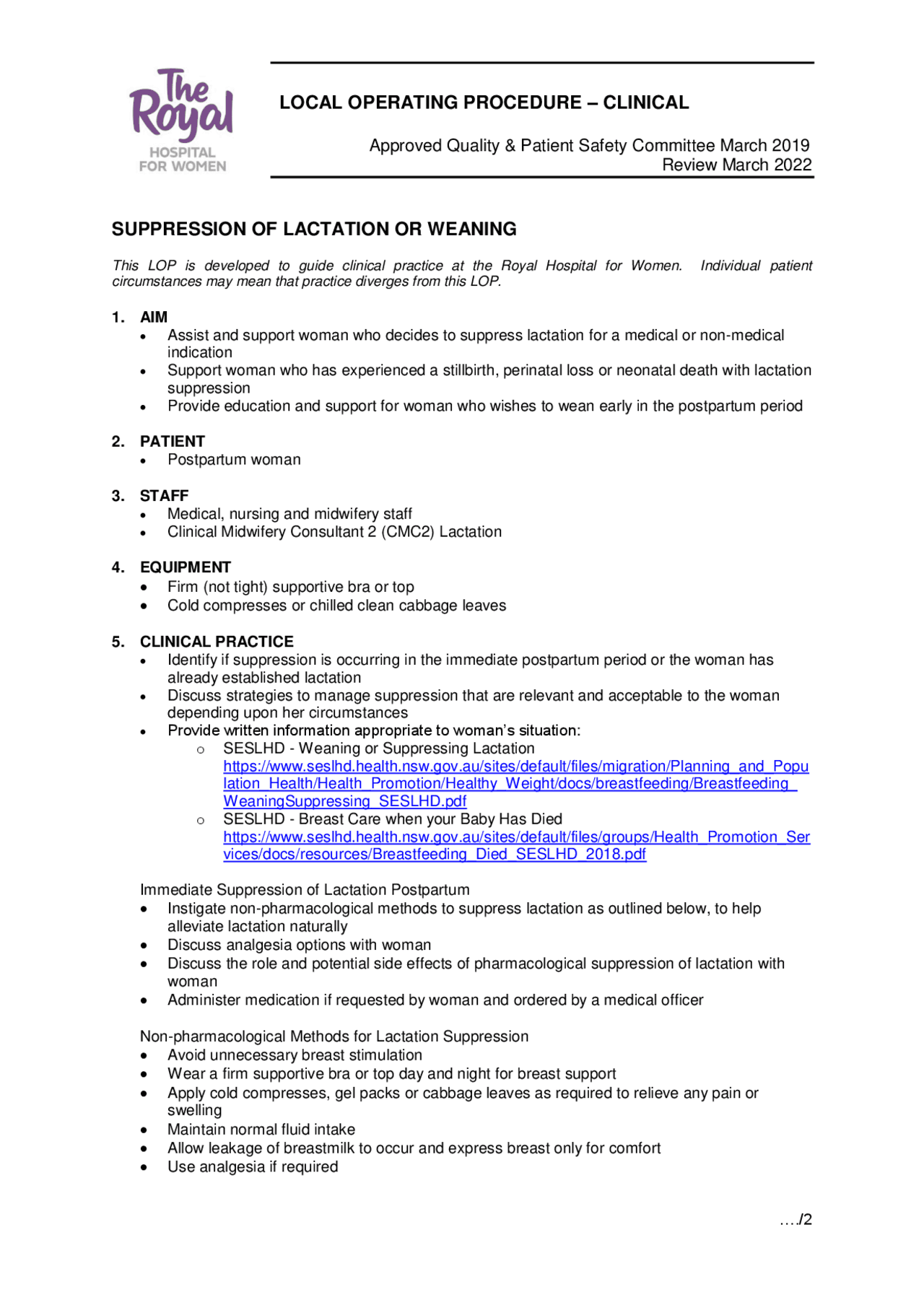 Suppression of lactation or weaning Study notes Medicine Docsity