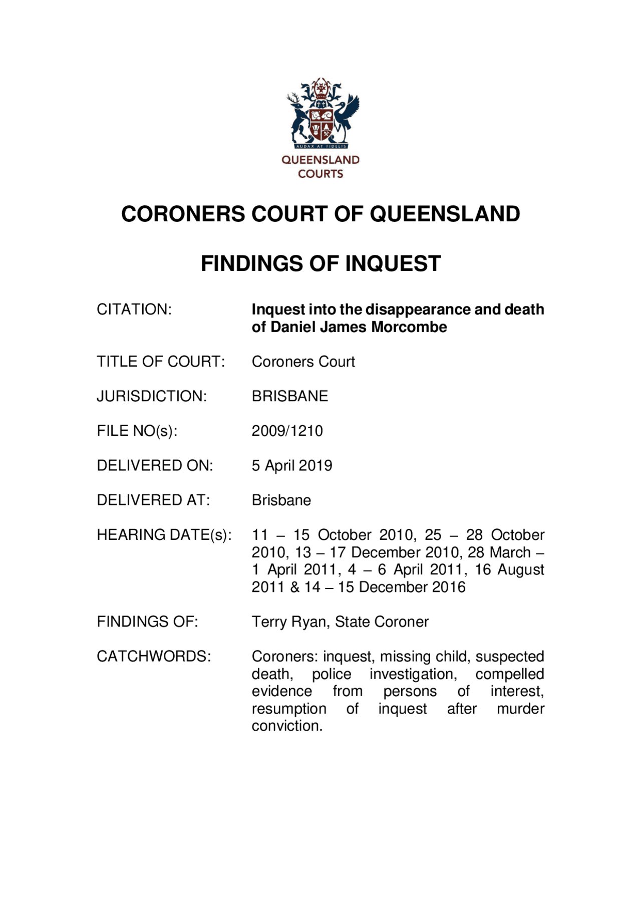 Coronial Findings - Daniel Morcombe | Exercises History | Docsity