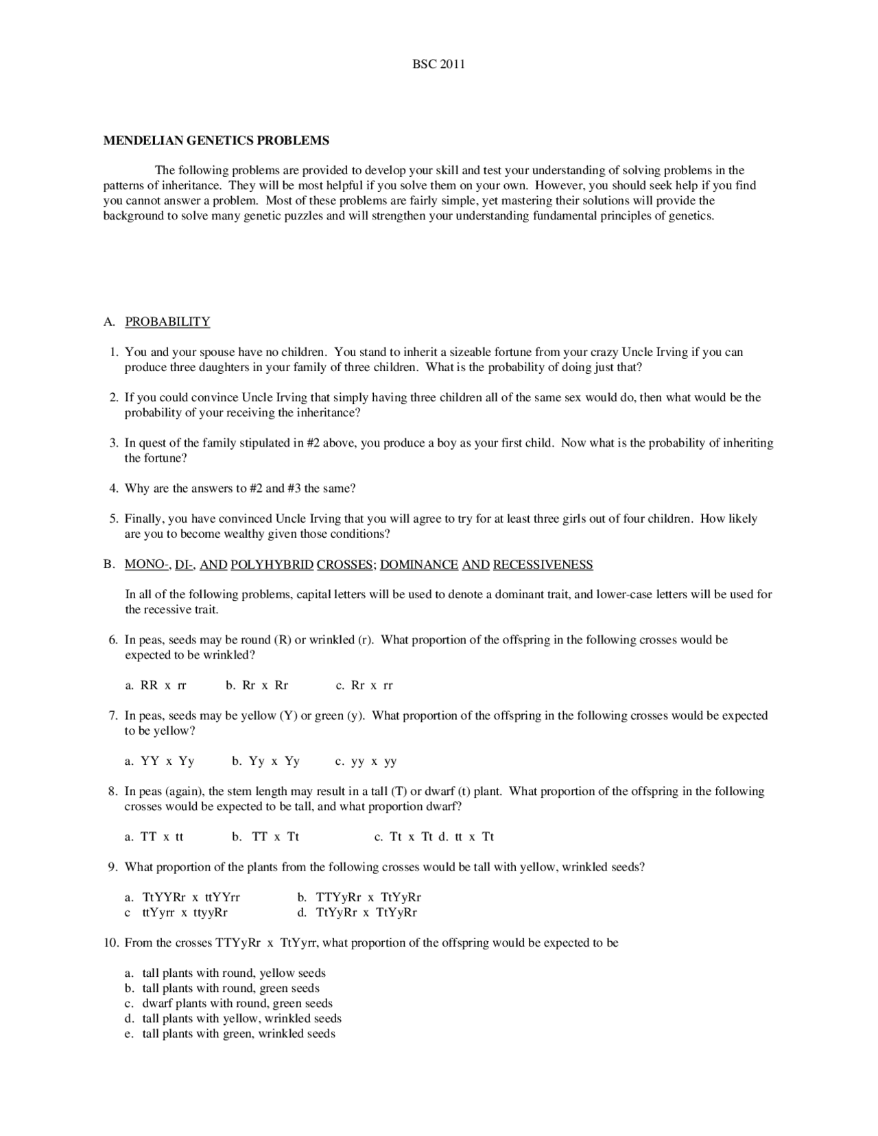 Genetics Note Bsc bsc 2011 mendelian genetics problems | Study notes Genetics | Docsity
